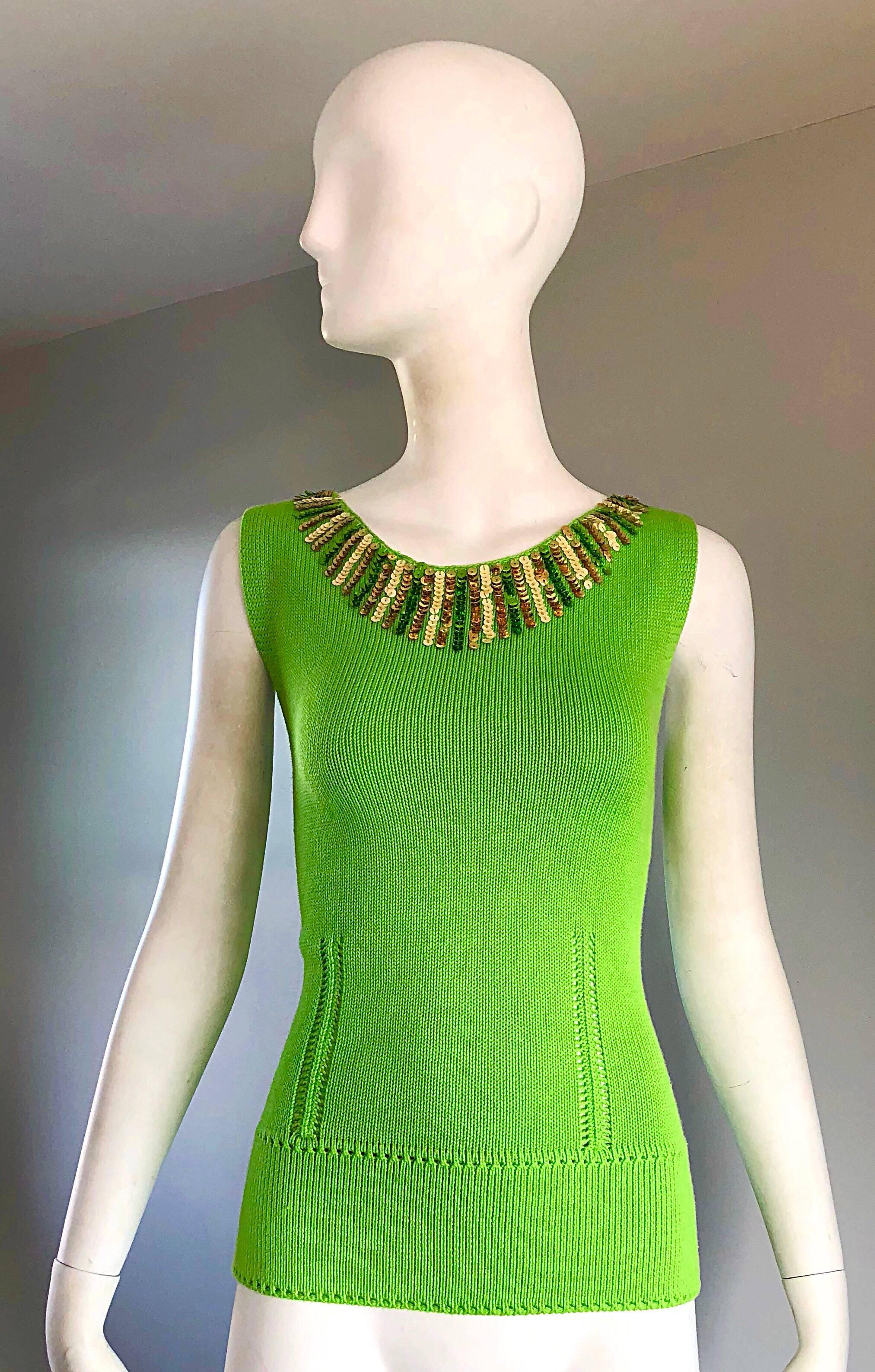 Chic vintage 90s does 60s BERGDORF GOODMAN lime / neon green sleeveless cotton knit sweater top! Features hand-sewn sequins in green and gold at the neck. Keyhole back opening. Smart tailored fit that stretches to fit. Great alone or belted. Can