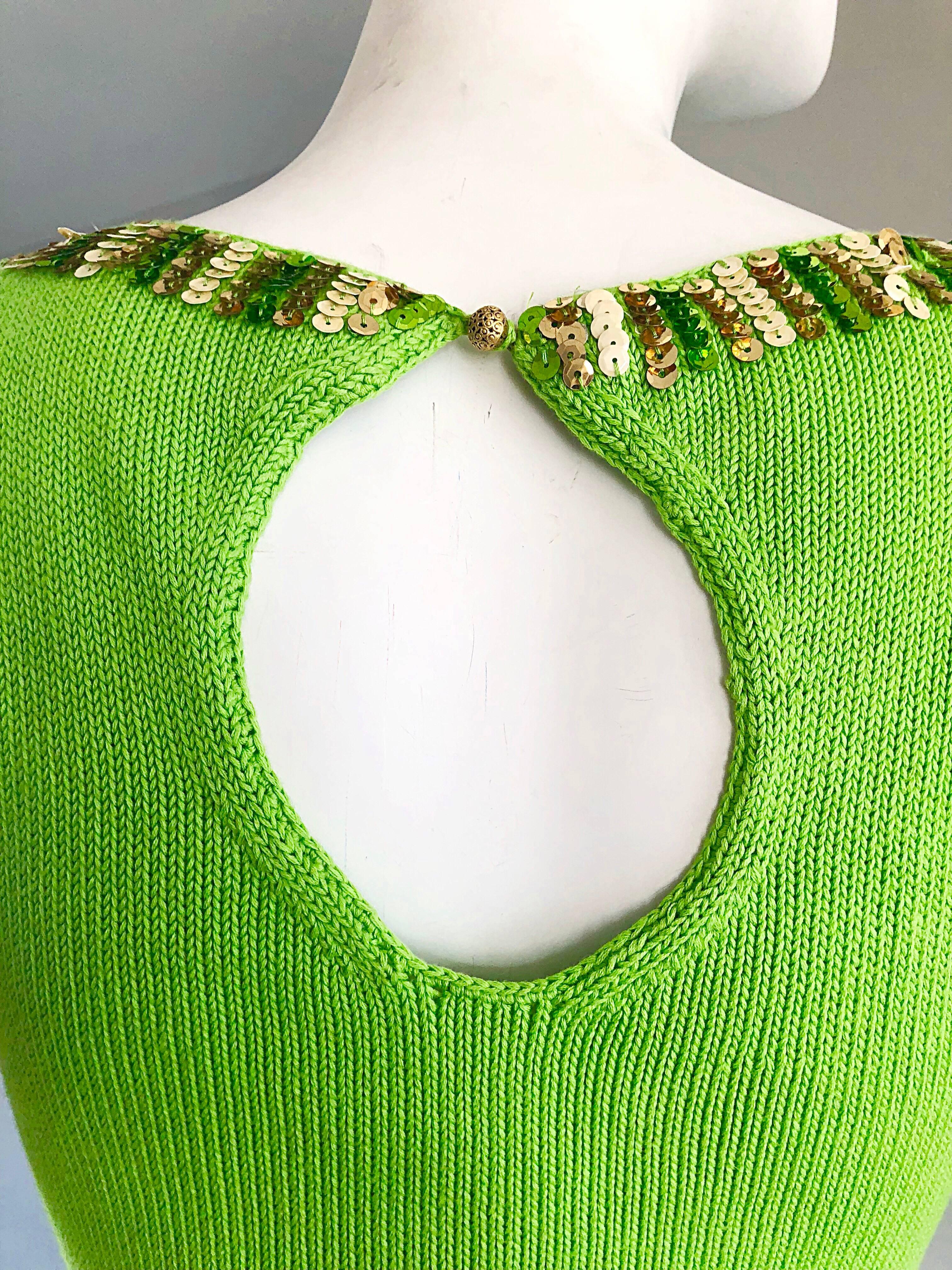 Women's 1990s Bergdorf Goodman 1960s Style Lime Neon Green Sequin Knit Sweater Shell Top