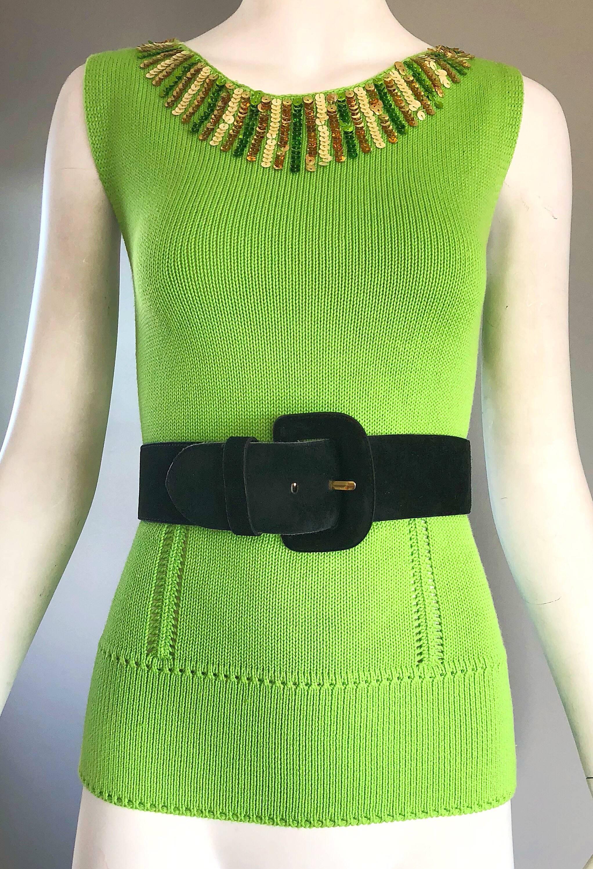 1990s Bergdorf Goodman 1960s Style Lime Neon Green Sequin Knit Sweater Shell Top 2