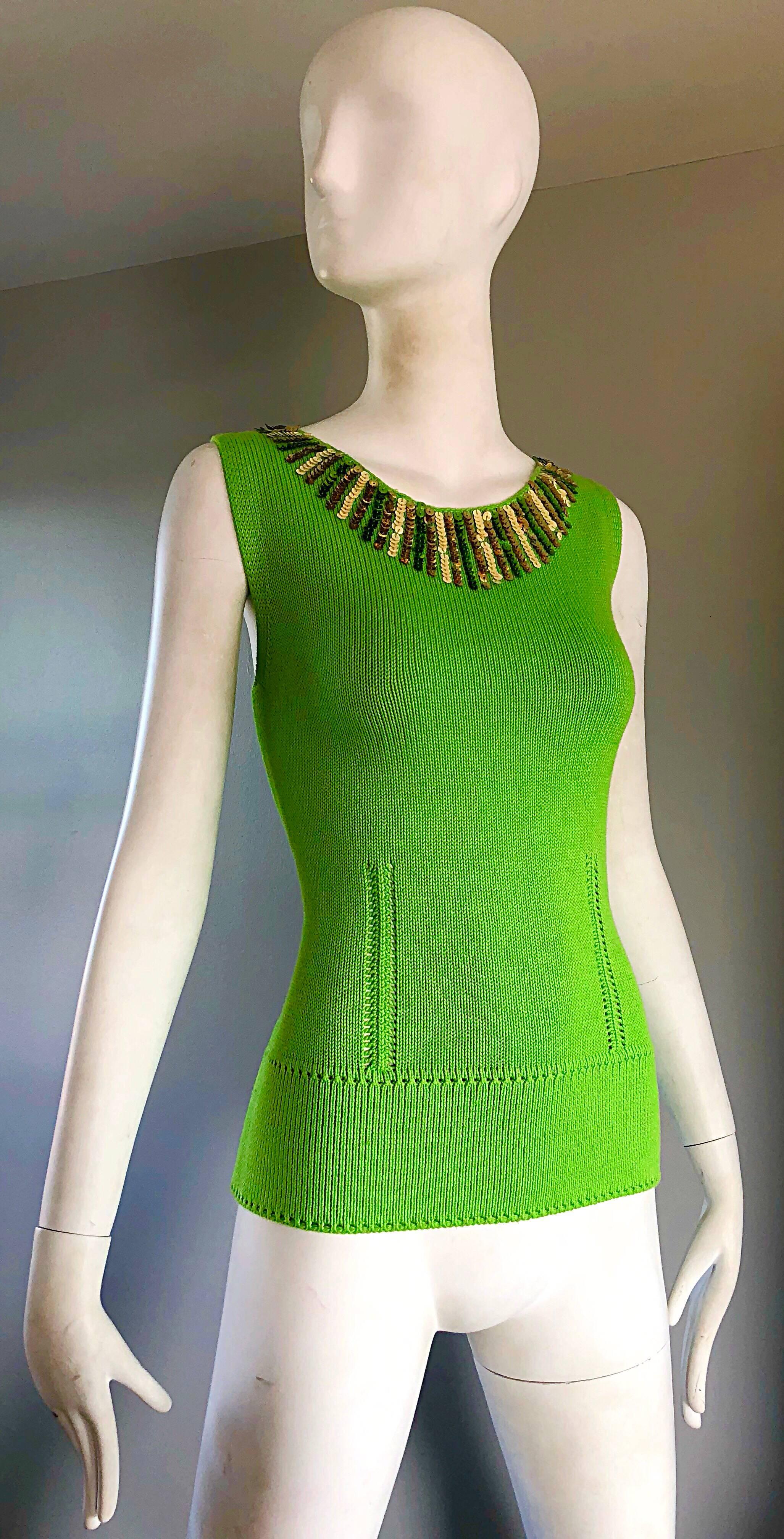 1990s Bergdorf Goodman 1960s Style Lime Neon Green Sequin Knit Sweater Shell Top 3