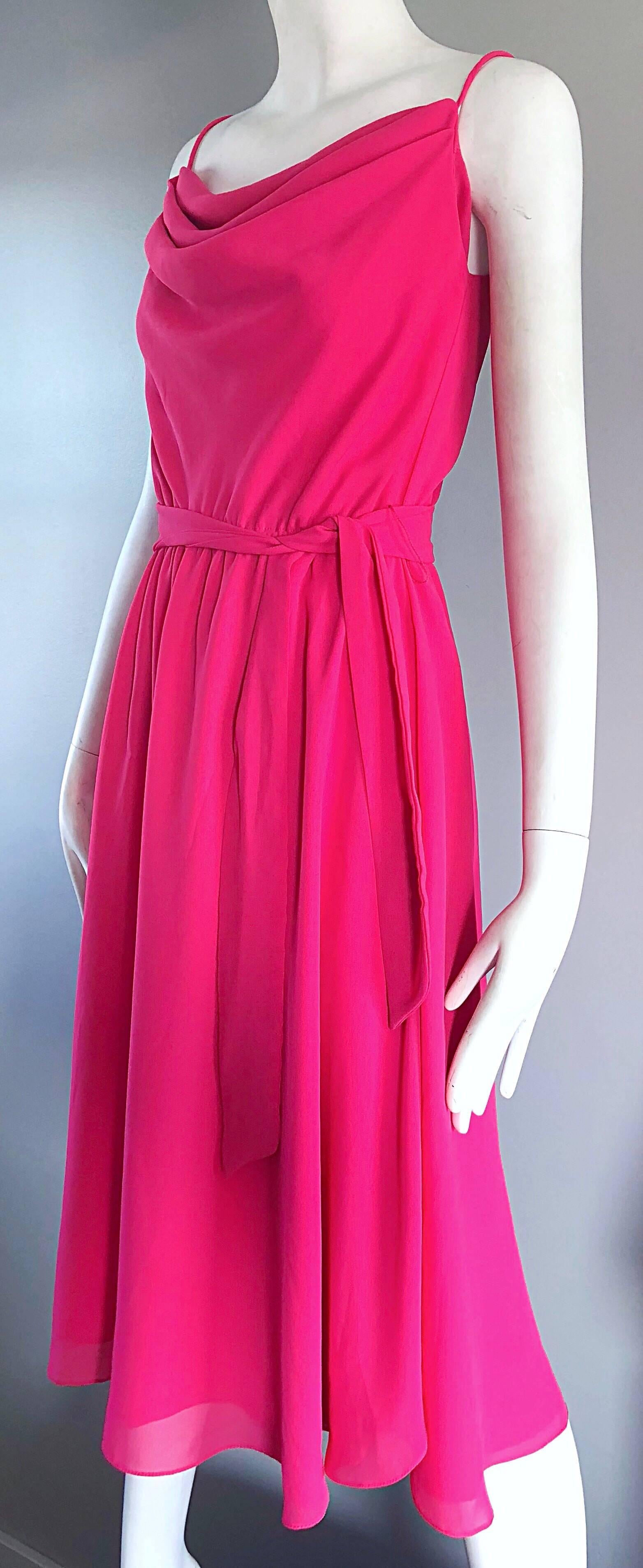1970s Phillipe Jodur for Ferrali Hot Pink Crepe Sleeveless Belted Disco Dress In Excellent Condition For Sale In San Diego, CA