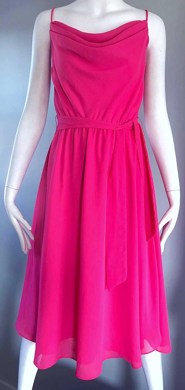 1970s Phillipe Jodur For Ferrali Hot Pink Crepe Sleeveless Belted Disco Dress