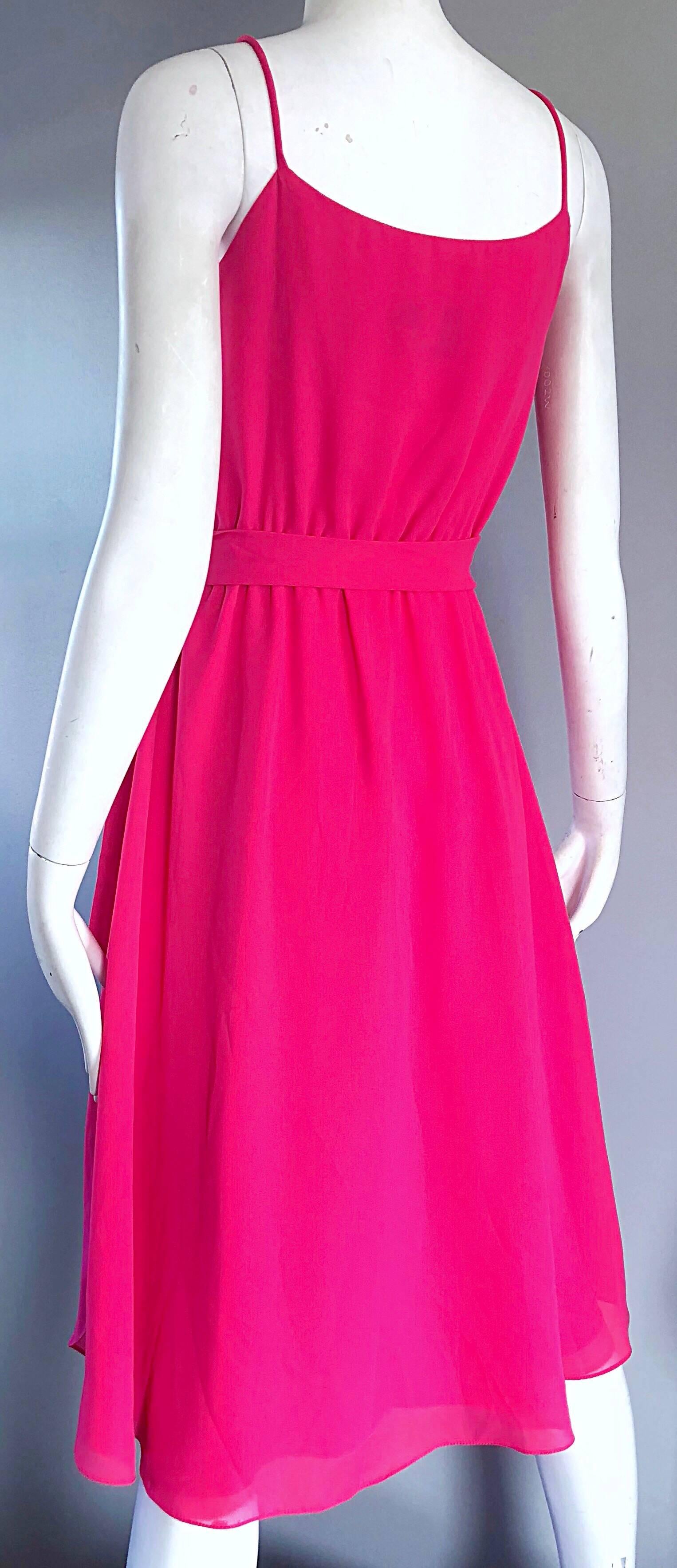 1970s Phillipe Jodur for Ferrali Hot Pink Crepe Sleeveless Belted Disco Dress For Sale 1