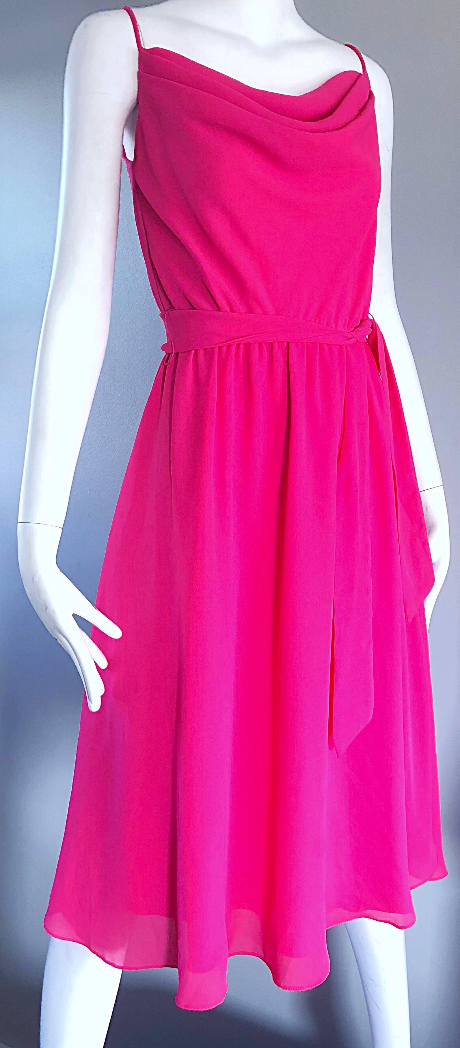 1970s Phillipe Jodur for Ferrali Hot Pink Crepe Sleeveless Belted Disco Dress For Sale 2