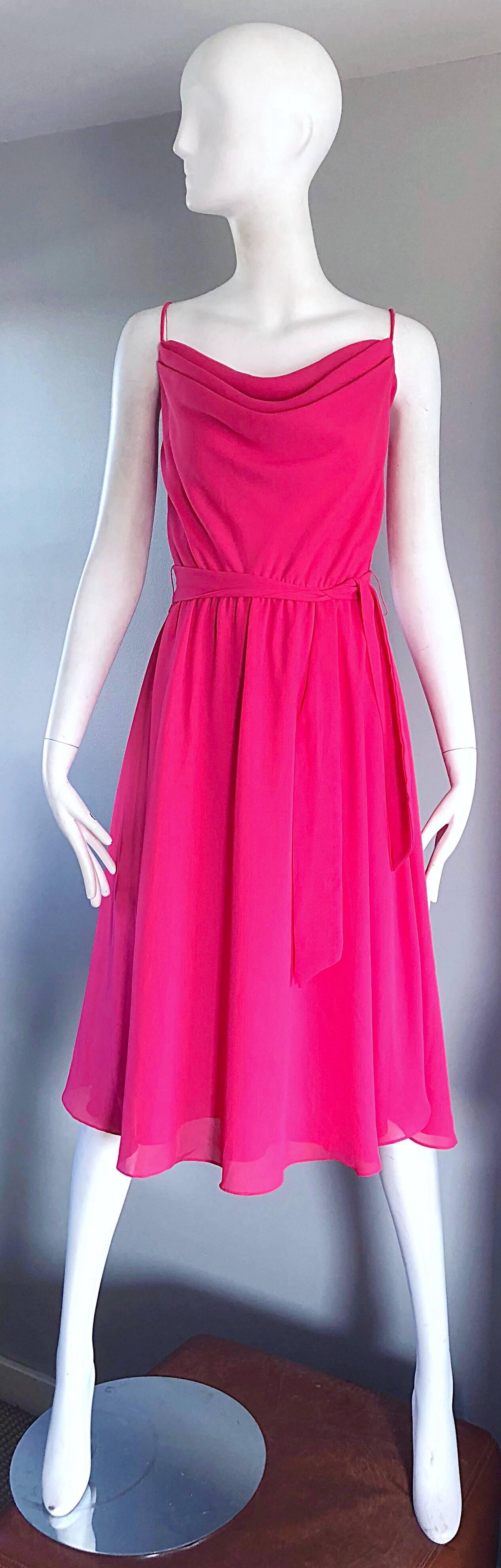 1970s Phillipe Jodur for Ferrali Hot Pink Crepe Sleeveless Belted Disco Dress For Sale 3