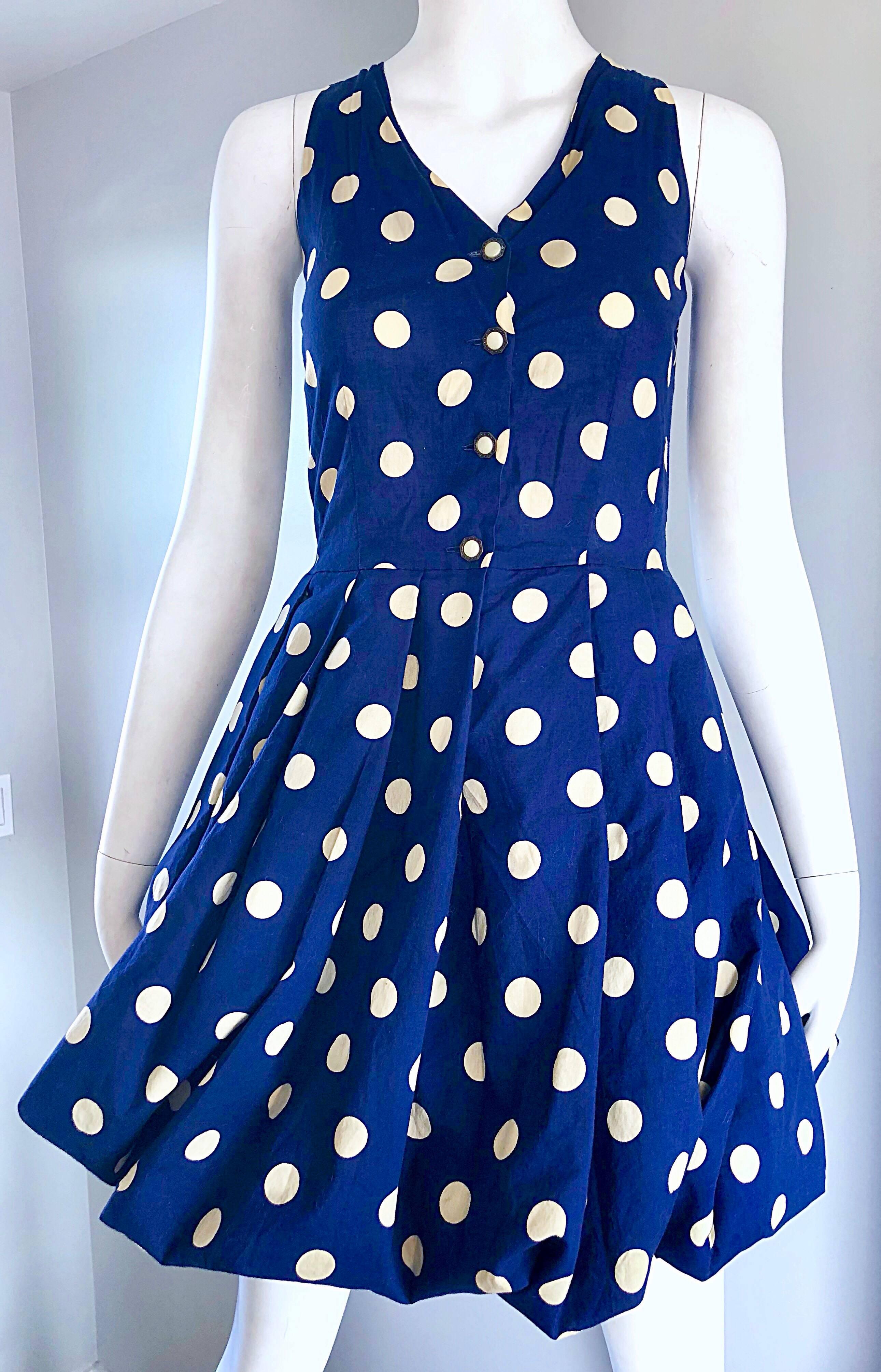 1990s Sergio Tegon Navy Blue and White Italian Cotton 90s Vintage Bubble Dress In Excellent Condition For Sale In San Diego, CA