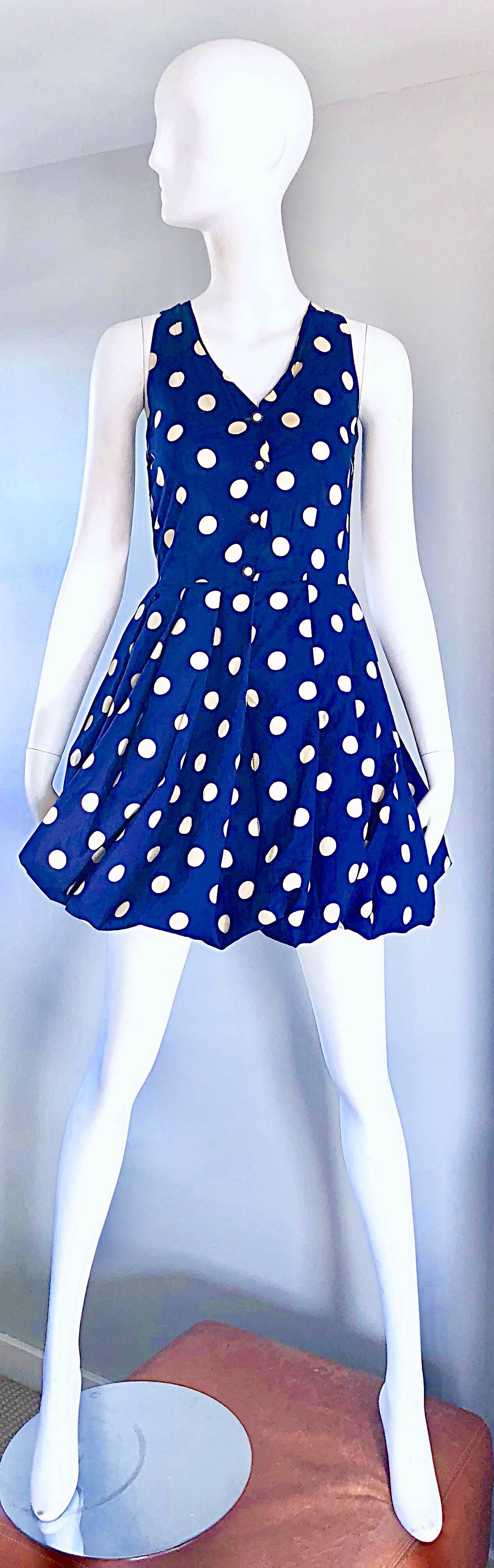 1990s Sergio Tegon Navy Blue and White Italian Cotton 90s Vintage Bubble Dress For Sale 2