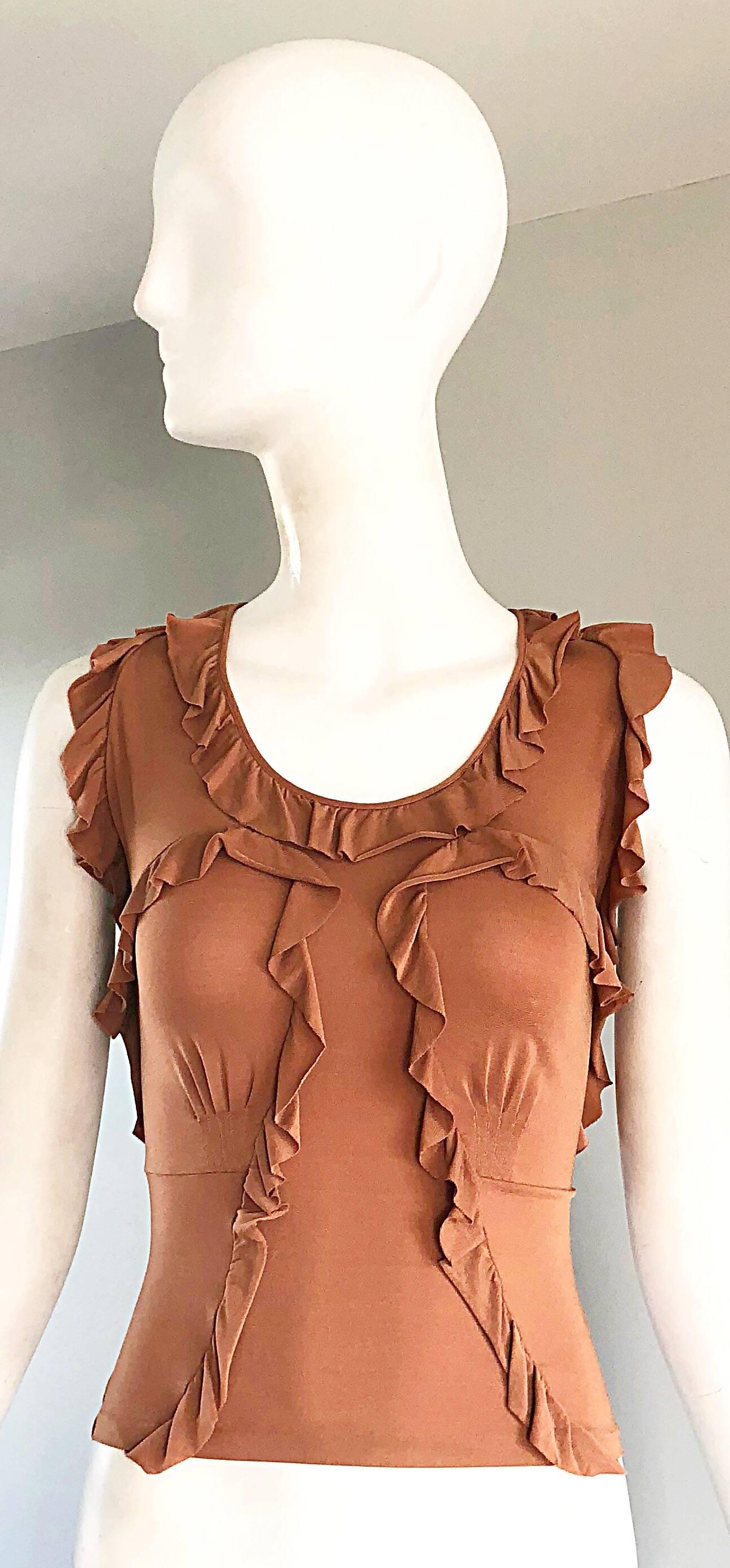 Beautiful TOM FORD for YVES SAINT LAURENT Rive Gauche YSL terra-cotta / tan jersey ruffle top! Simply slips over the head, and stretches to fit. Flattering ruffles throughout. Expertly well made, with heavy attention to detail. (93% Rayon, 7%