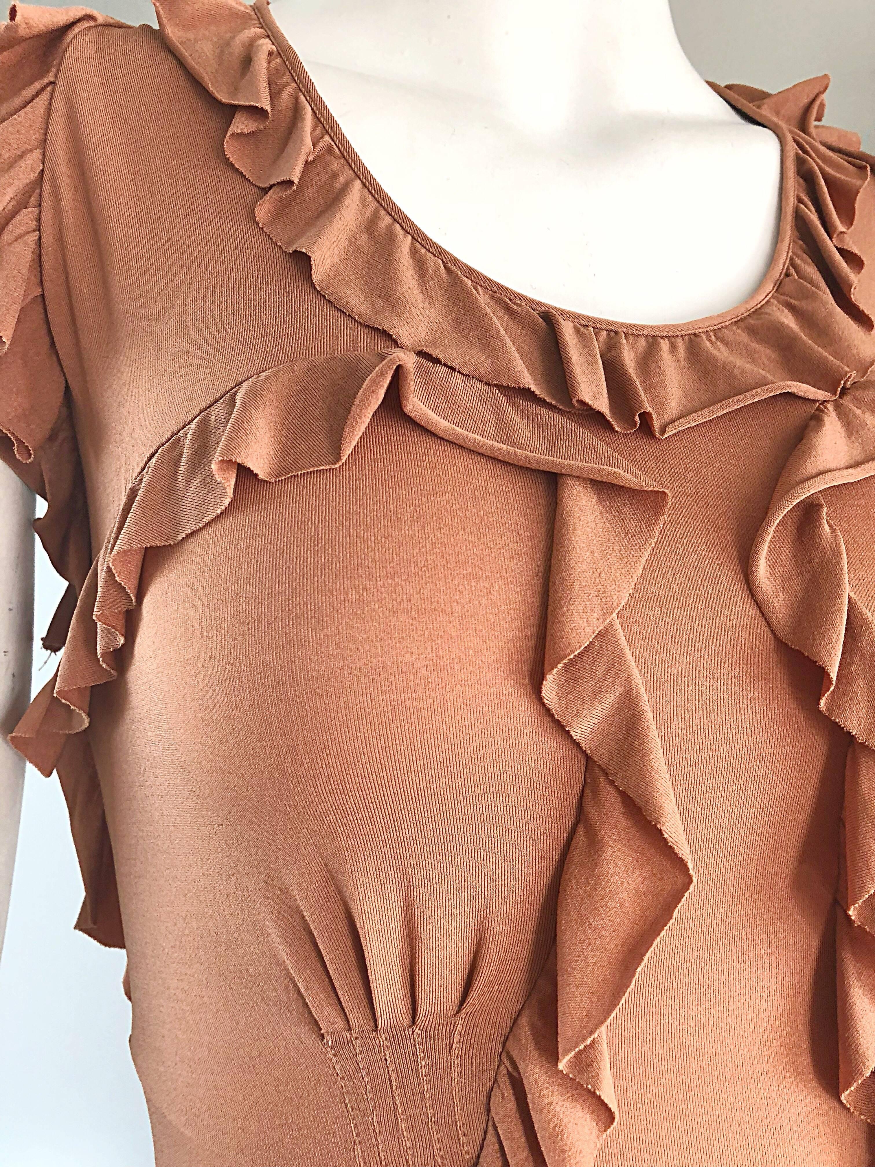 Brown Tom Ford for Yves Saint Laurent Terra Cotta Tan Jersey Ruffle Sleeveless Blouse For Sale