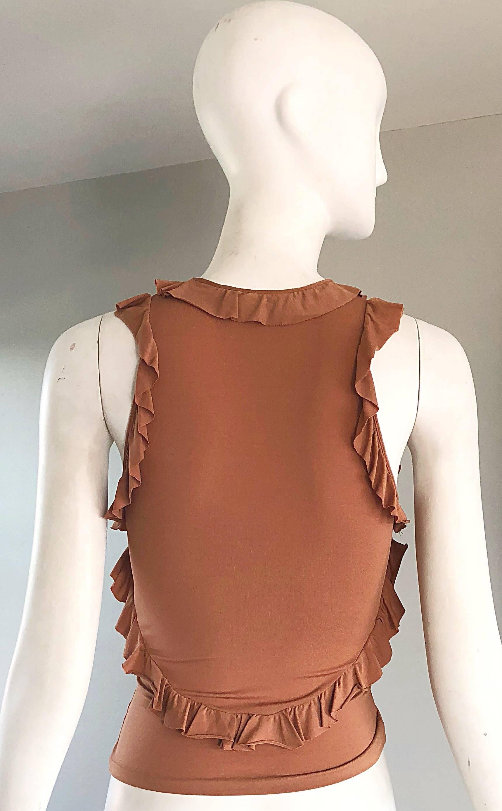 Tom Ford for Yves Saint Laurent Terra Cotta Tan Jersey Ruffle Sleeveless Blouse In Excellent Condition For Sale In San Diego, CA