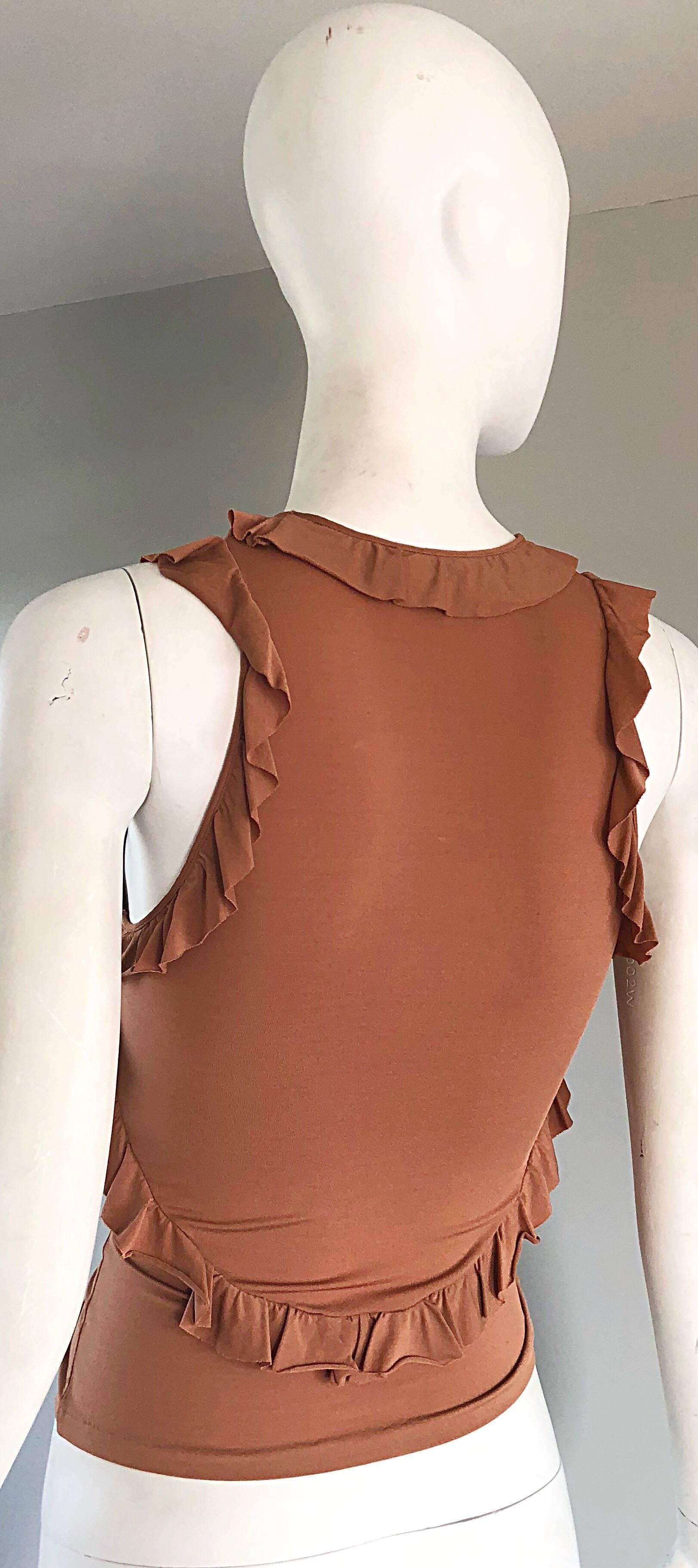 Women's Tom Ford for Yves Saint Laurent Terra Cotta Tan Jersey Ruffle Sleeveless Blouse For Sale