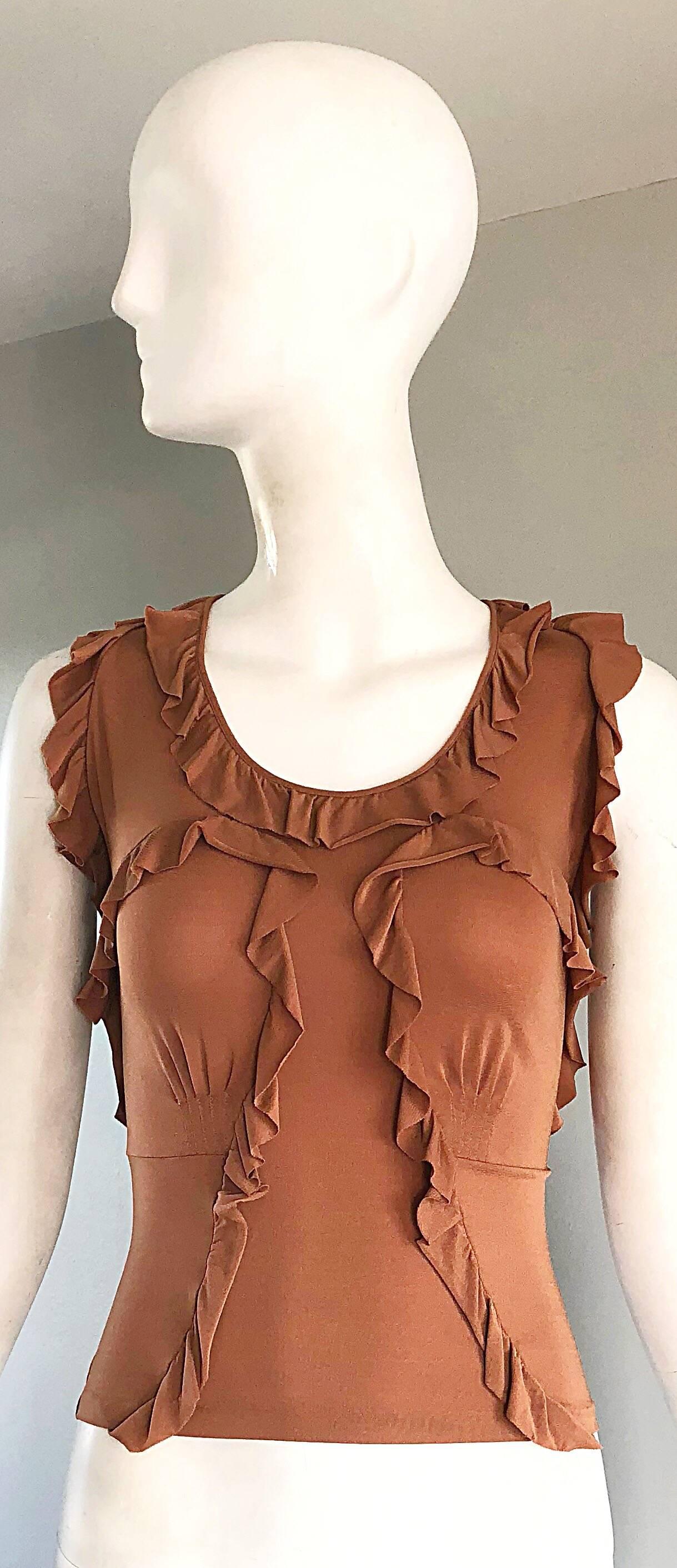 Tom Ford for Yves Saint Laurent Terra Cotta Tan Jersey Ruffle Sleeveless Blouse For Sale 1