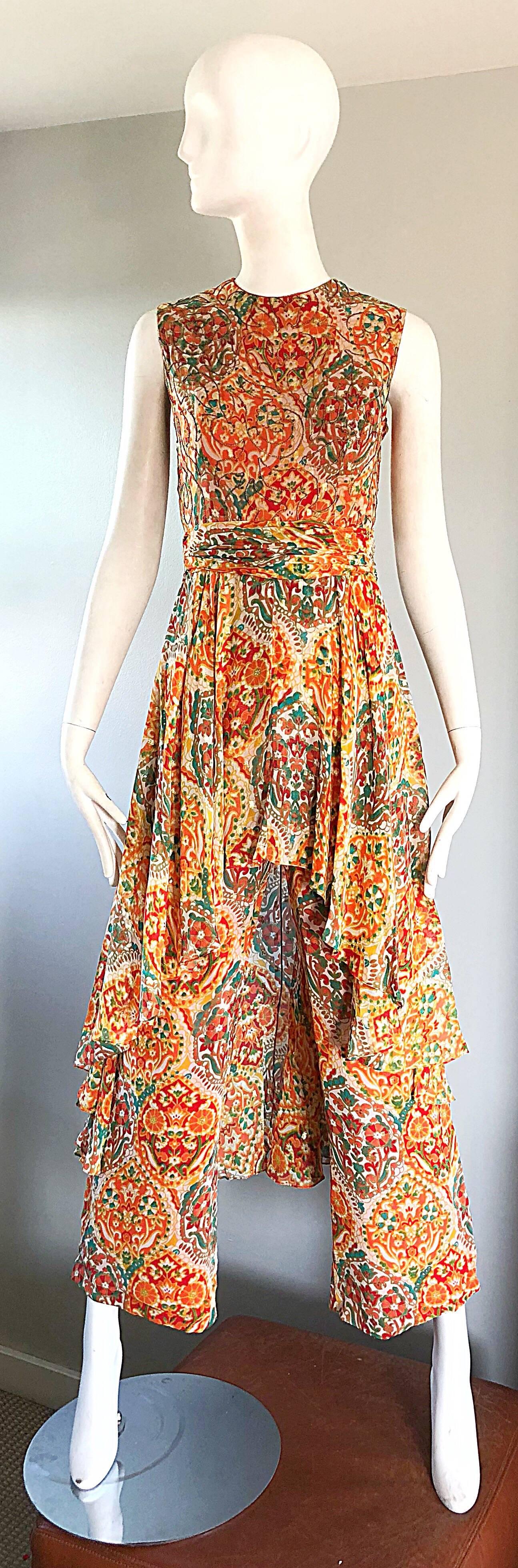 1970s Oscar de la Renta Silk Boho Batik Print Vintage Jumpsuit Attached ...