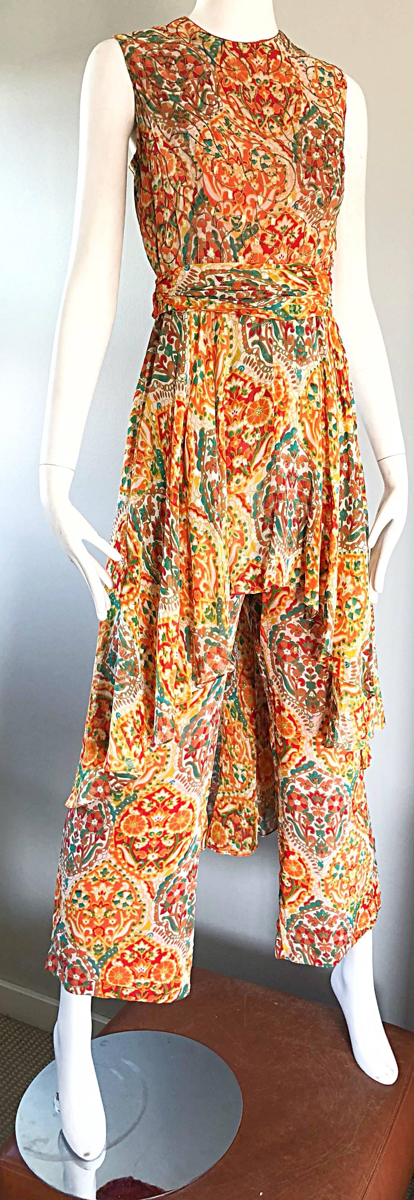 Brown 1970s Oscar de la Renta Silk Boho Batik Print Vintage Jumpsuit Attached Skirt
