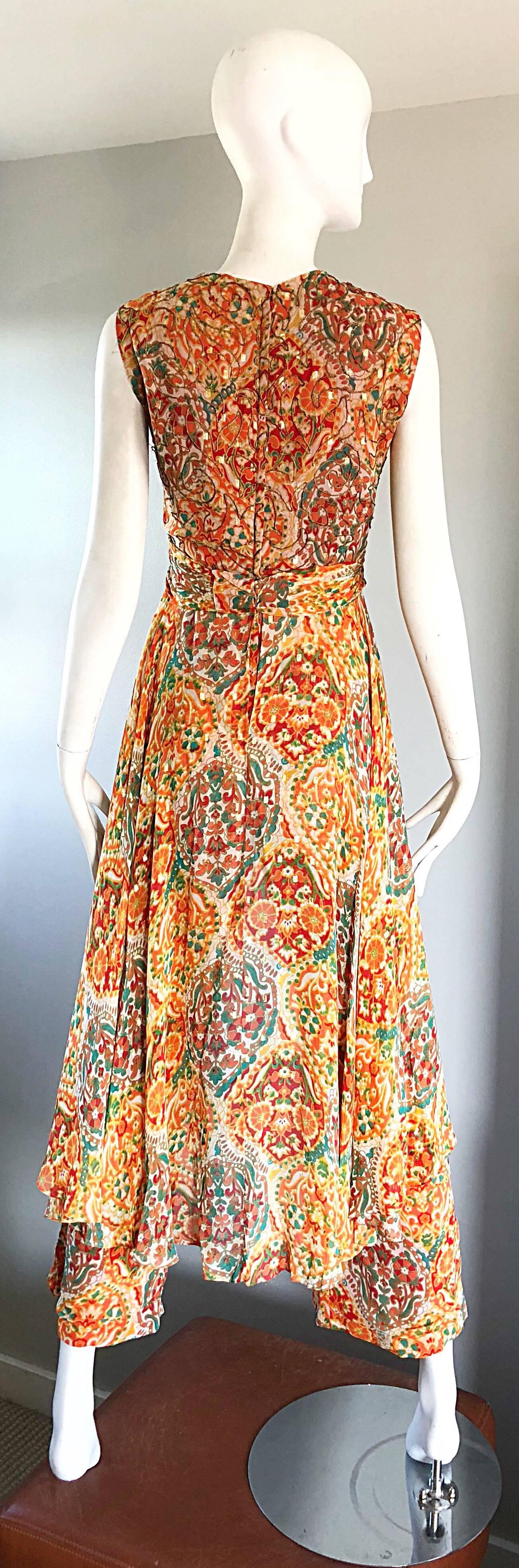 1970s Oscar de la Renta Silk Boho Batik Print Vintage Jumpsuit Attached Skirt In Excellent Condition In San Diego, CA