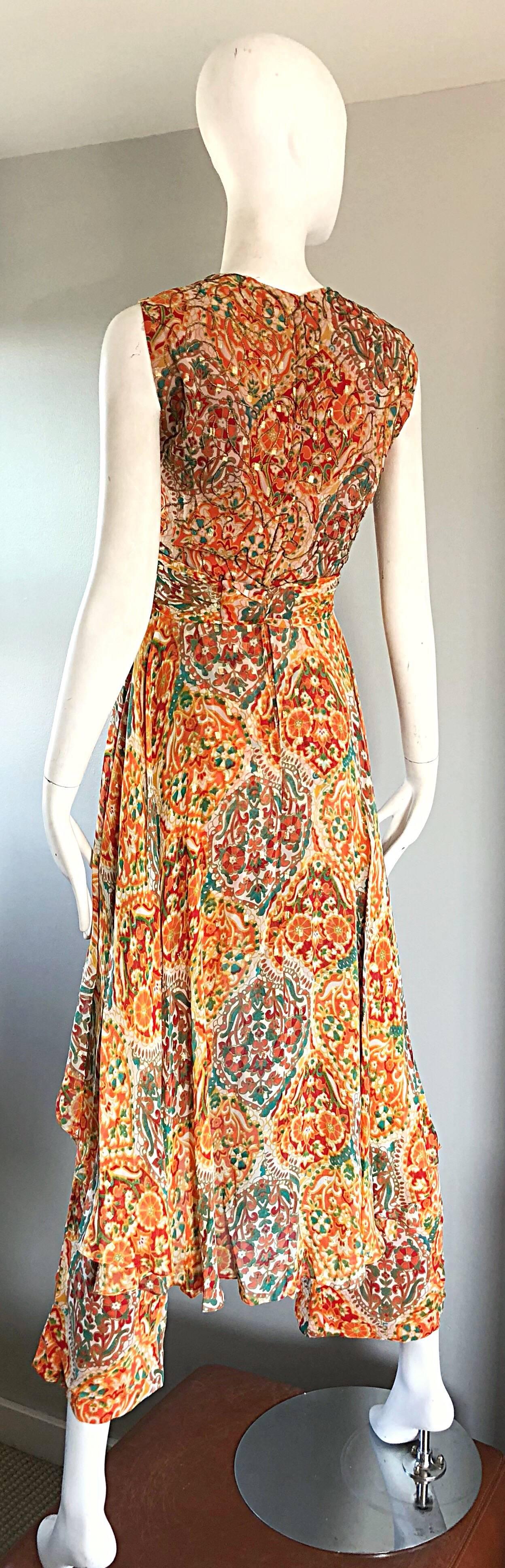 Women's 1970s Oscar de la Renta Silk Boho Batik Print Vintage Jumpsuit Attached Skirt