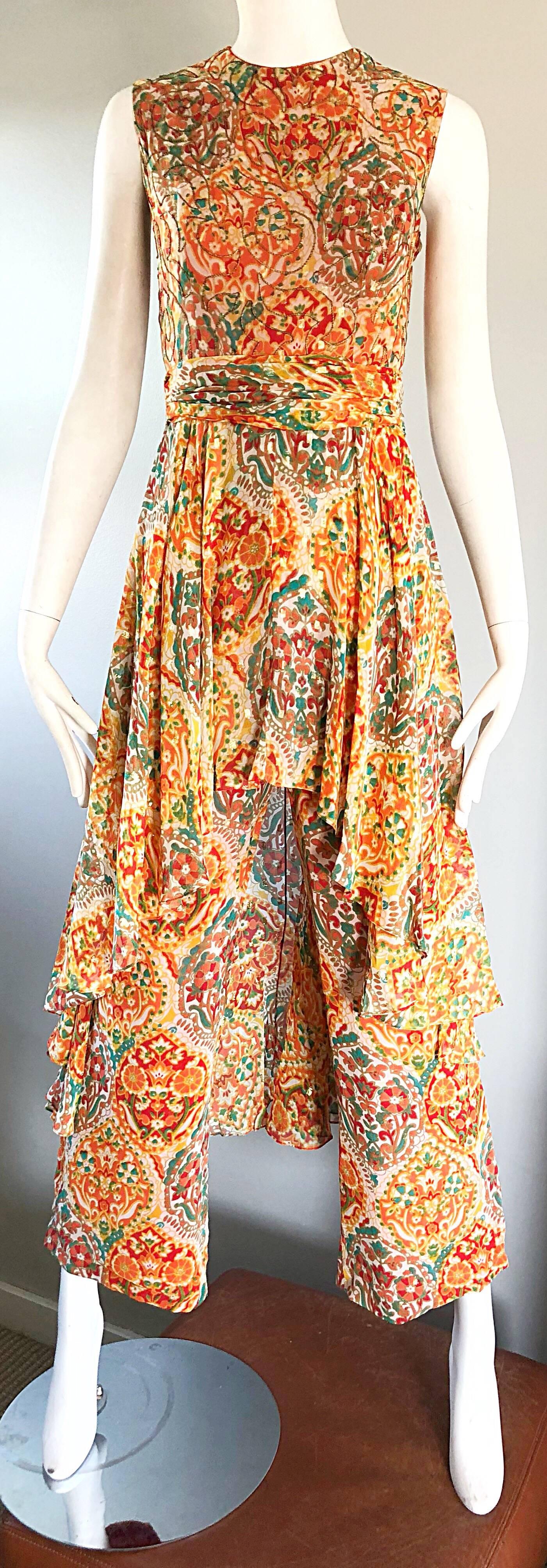 1970s Oscar de la Renta Silk Boho Batik Print Vintage Jumpsuit Attached ...