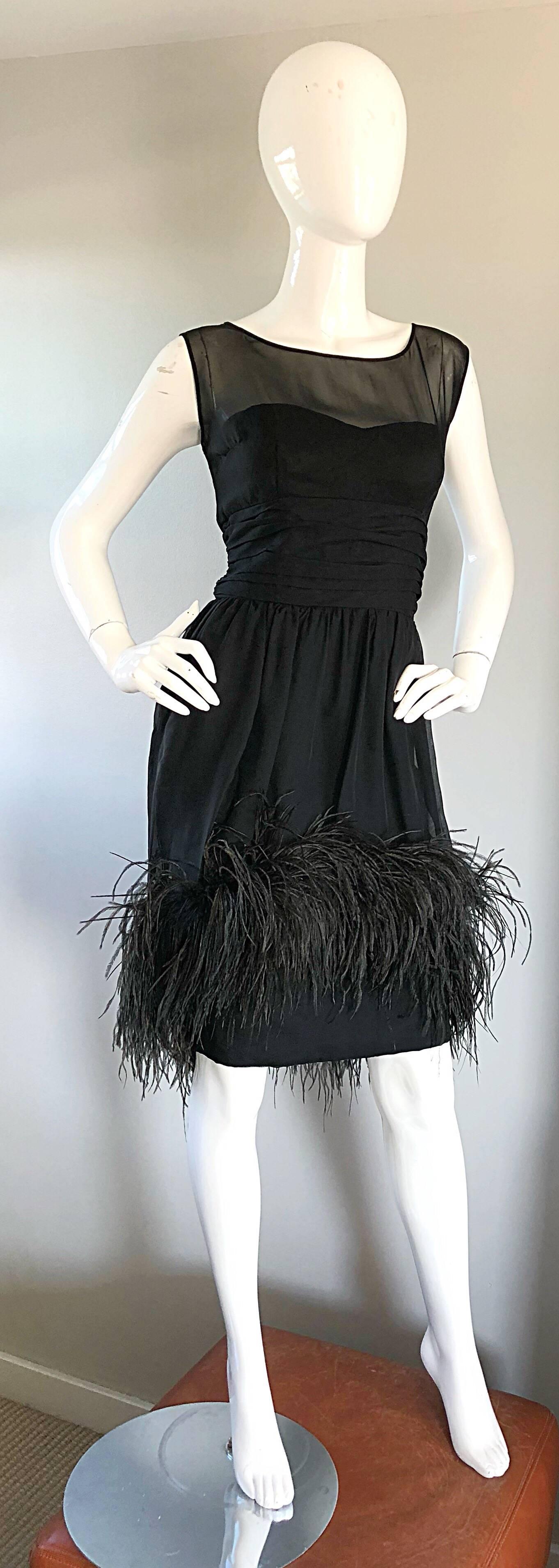 Ferman O'Grady 1950s Demi Couture Black Silk Chiffon Feather 50s Vintage Dress In Excellent Condition For Sale In San Diego, CA