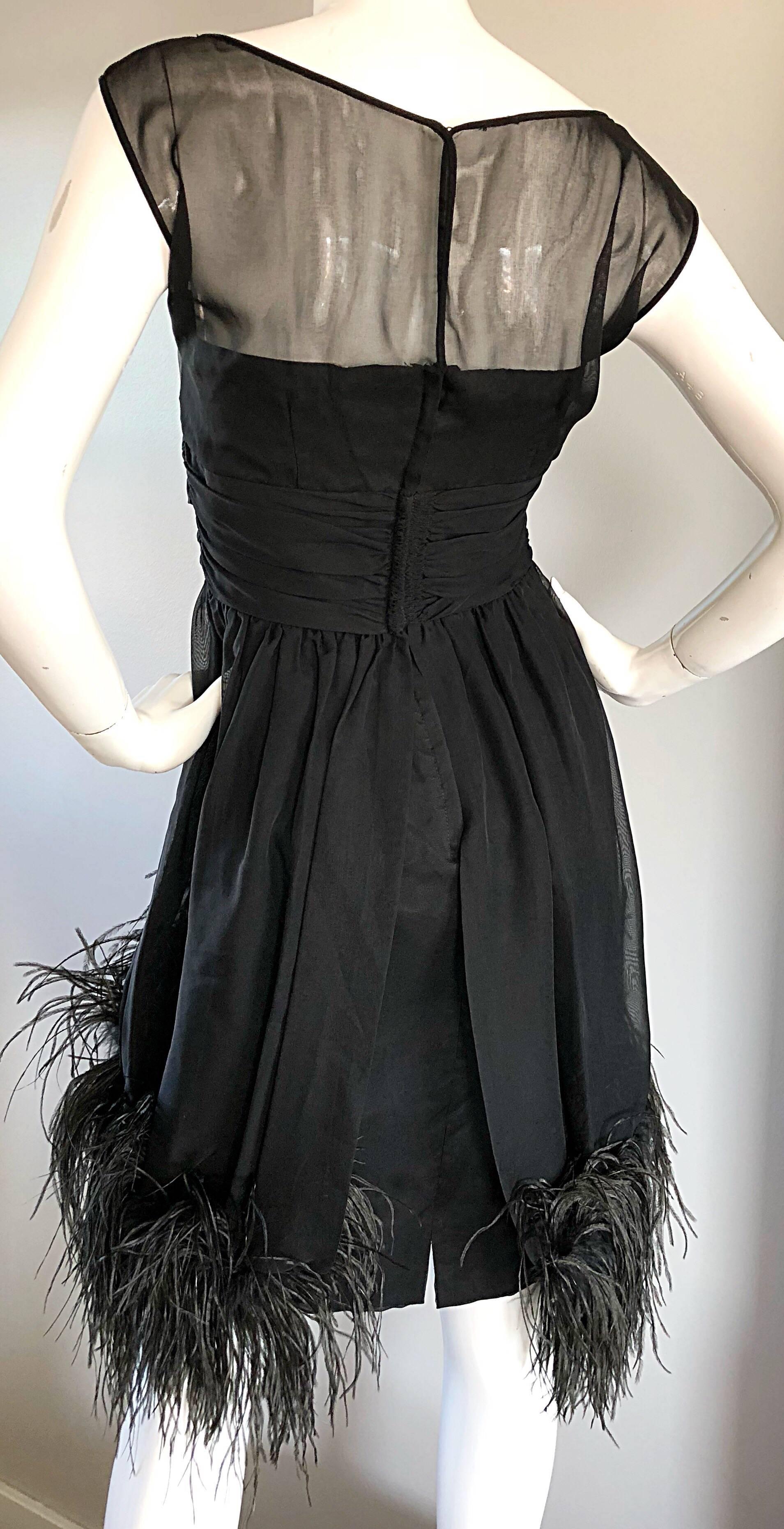 Women's Ferman O'Grady 1950s Demi Couture Black Silk Chiffon Feather 50s Vintage Dress For Sale
