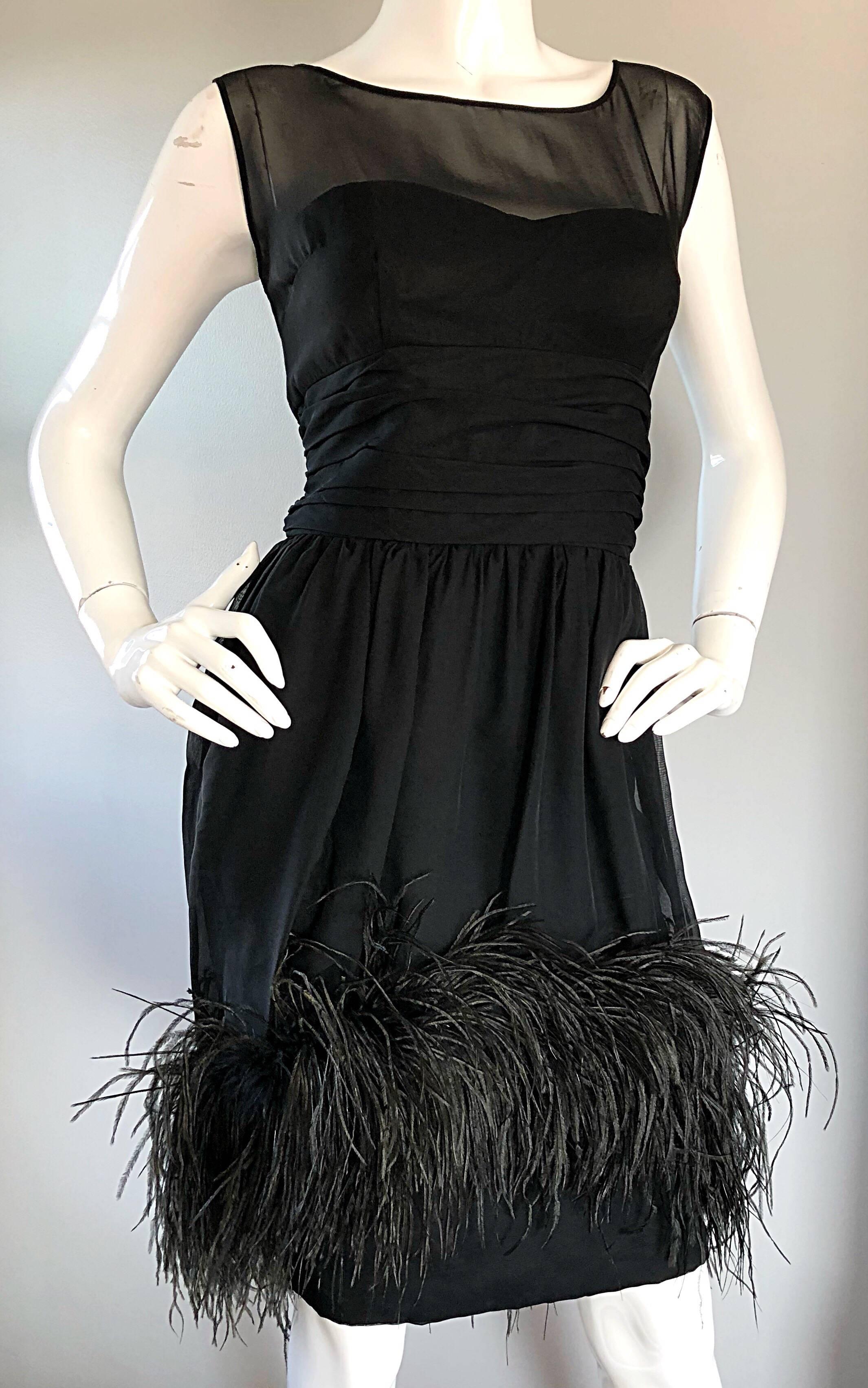 Ferman O'Grady 1950s Demi Couture Black Silk Chiffon Feather 50s Vintage Dress For Sale 1