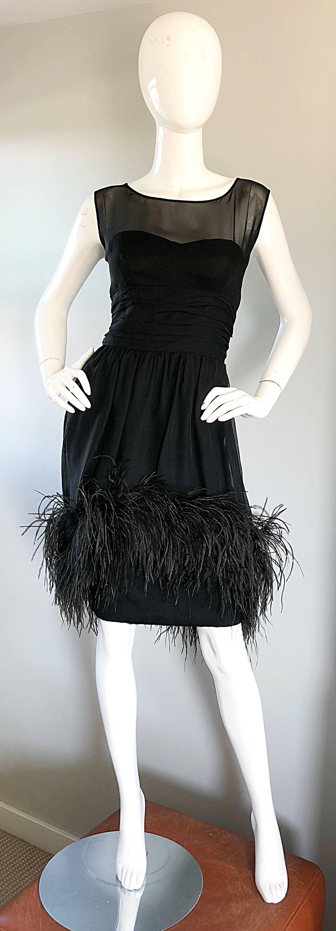 Ferman O'Grady 1950s Demi Couture Black Silk Chiffon Feather 50s Vintage Dress For Sale 2