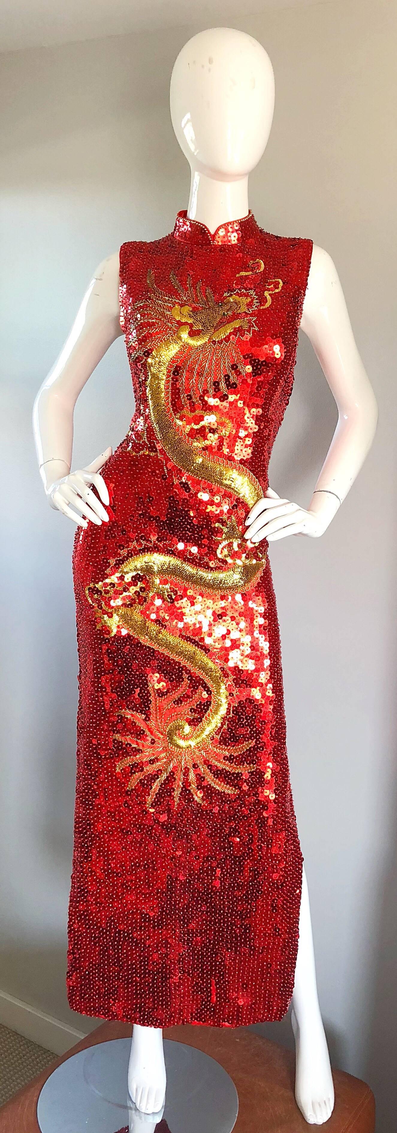 Superb vintage red and gold fully sequined Cheongsam dress! Features a signature dragon and cloud Asian print! Thousands of hand-sewn red and gold sequins and beads throughout the entire piece. Gold sequined dragon print on the front, with gold