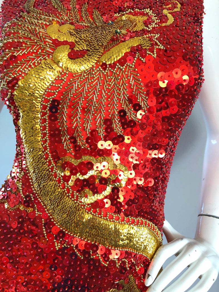 Vintage Red and Gold Fully Sequined Dragon + Cloud Print Novelty Cheongsam  Gown at 1stDibs | red dragon dress, vintage red gown, red and gold  combination dress