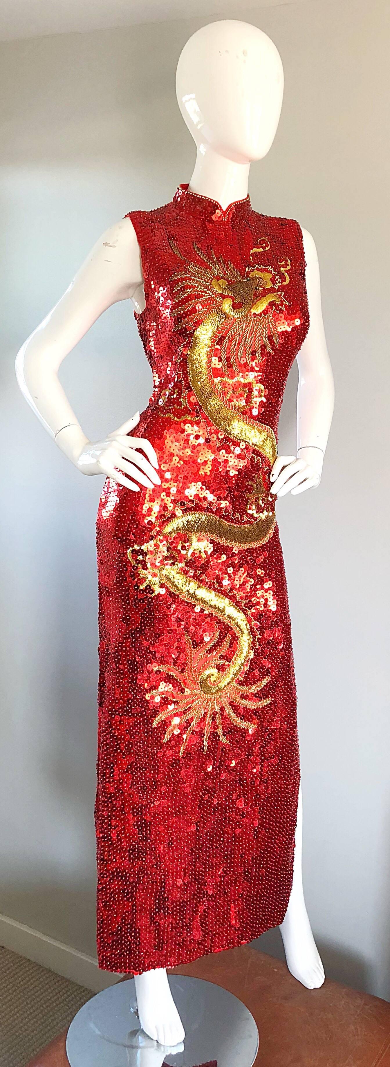 Vintage Red and Gold Fully Sequined Dragon + Cloud Print Novelty Cheongsam Gown In Excellent Condition In San Diego, CA