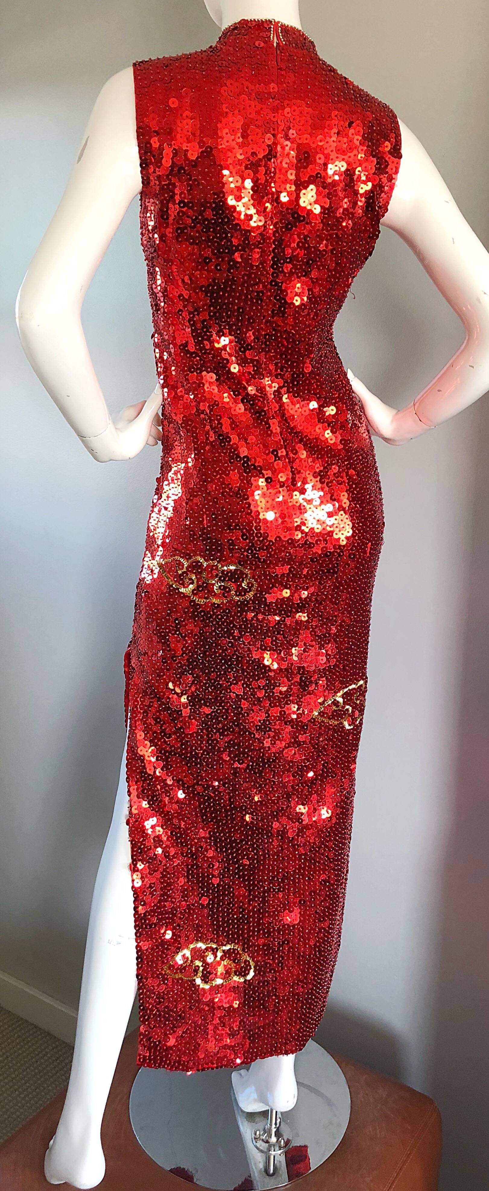 Women's Vintage Red and Gold Fully Sequined Dragon + Cloud Print Novelty Cheongsam Gown
