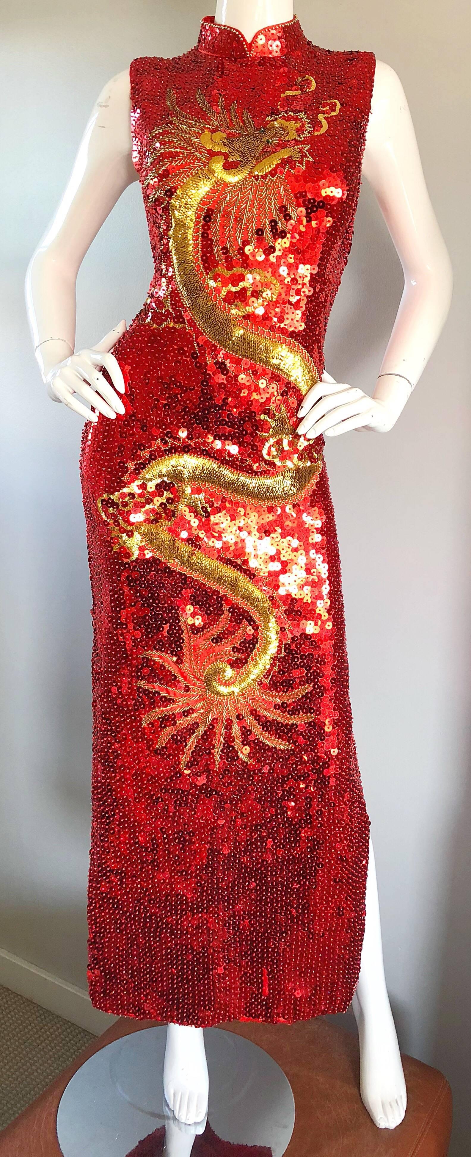 Vintage Red and Gold Fully Sequined Dragon + Cloud Print Novelty Cheongsam Gown 1