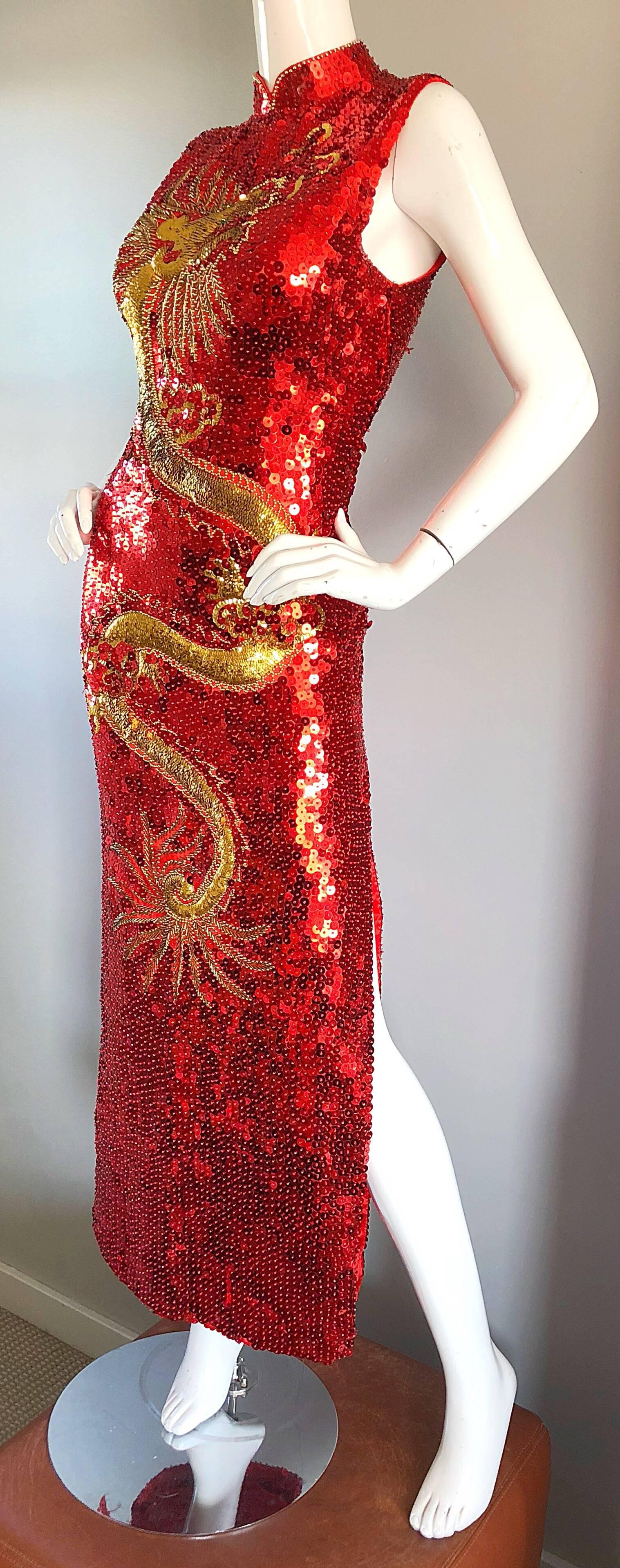 Vintage Red and Gold Fully Sequined Dragon + Cloud Print Novelty Cheongsam Gown 2