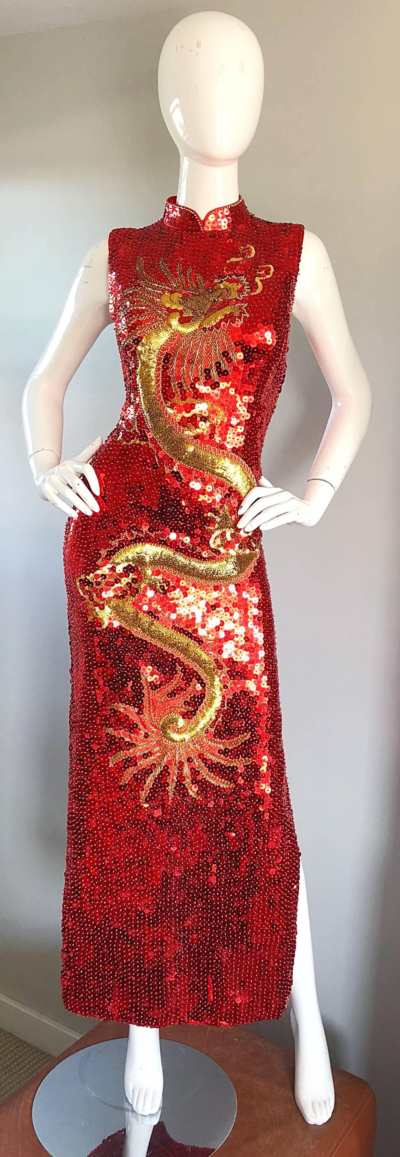 Vintage Red and Gold Fully Sequined Dragon + Cloud Print Novelty Cheongsam Gown 3