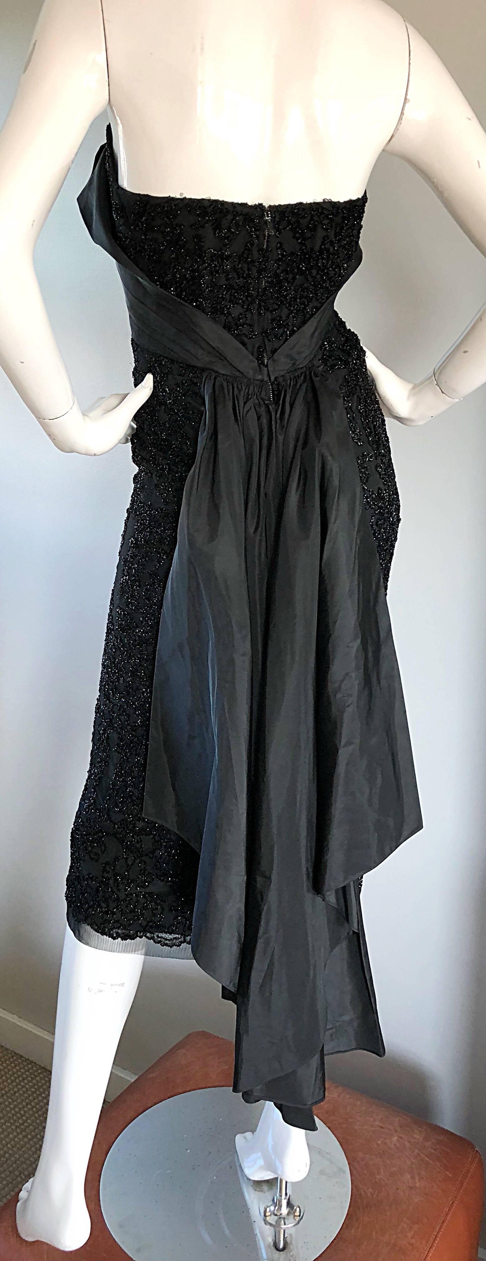 Gorgeous 1950s Couture Black Silk Metallic Strapless 50s Wiggle Dress w/ Train In Excellent Condition In San Diego, CA