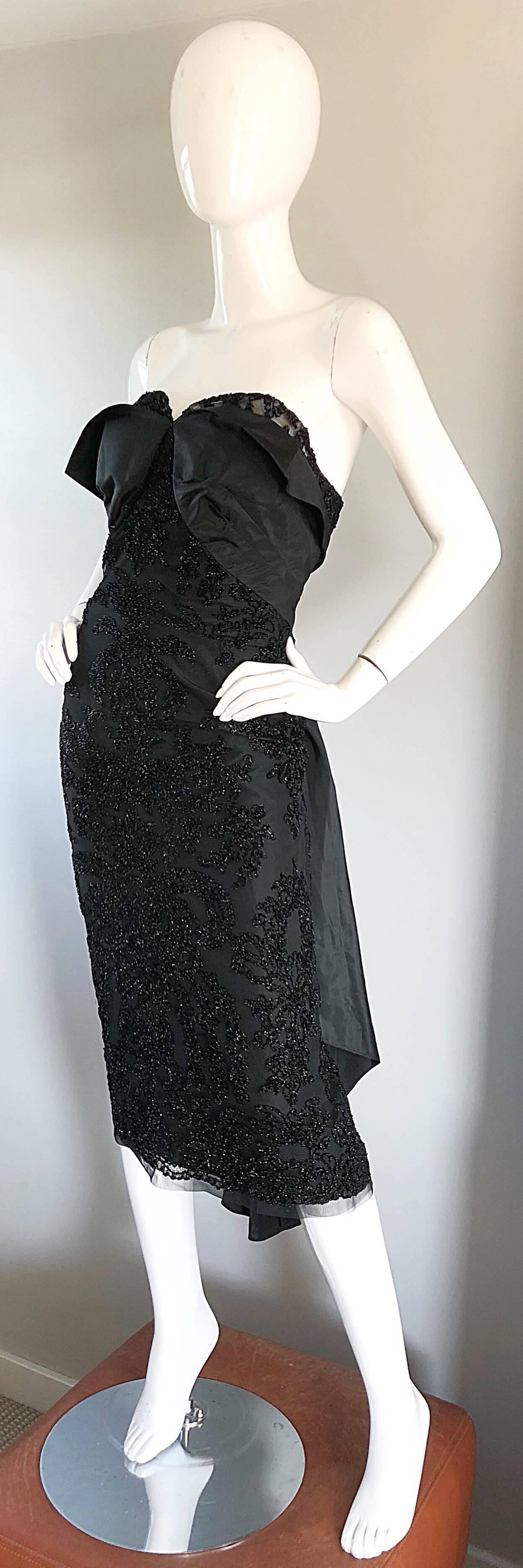 Women's Gorgeous 1950s Couture Black Silk Metallic Strapless 50s Wiggle Dress w/ Train