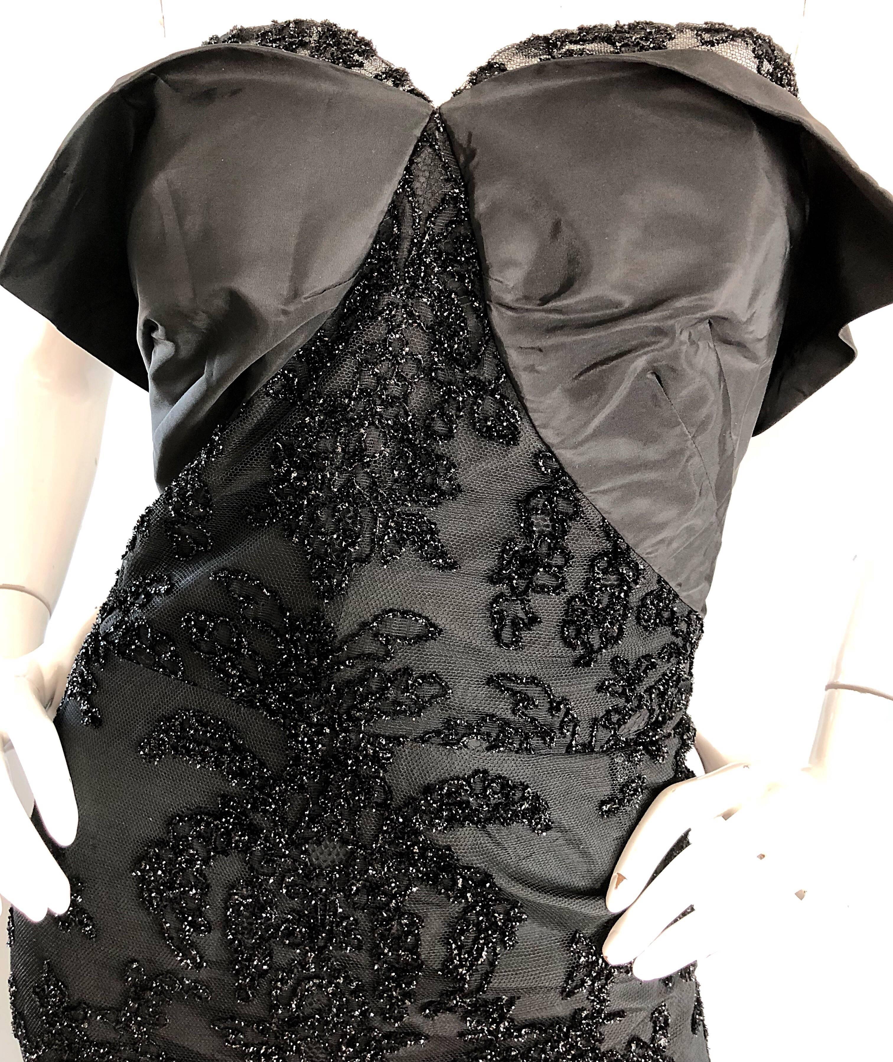 Gorgeous 1950s Couture Black Silk Metallic Strapless 50s Wiggle Dress w/ Train 1