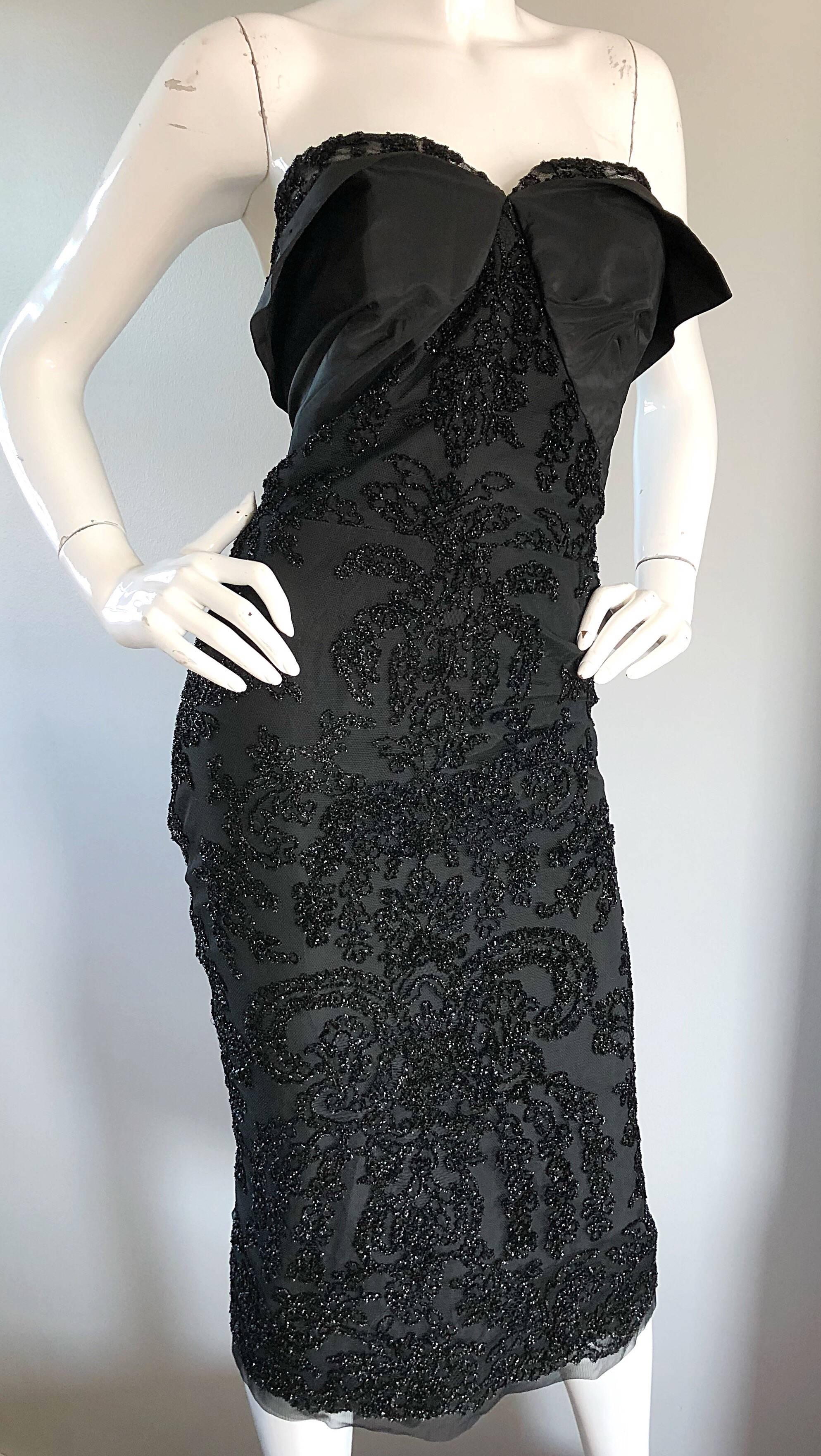 Gorgeous 1950s Couture Black Silk Metallic Strapless 50s Wiggle Dress w/ Train 3