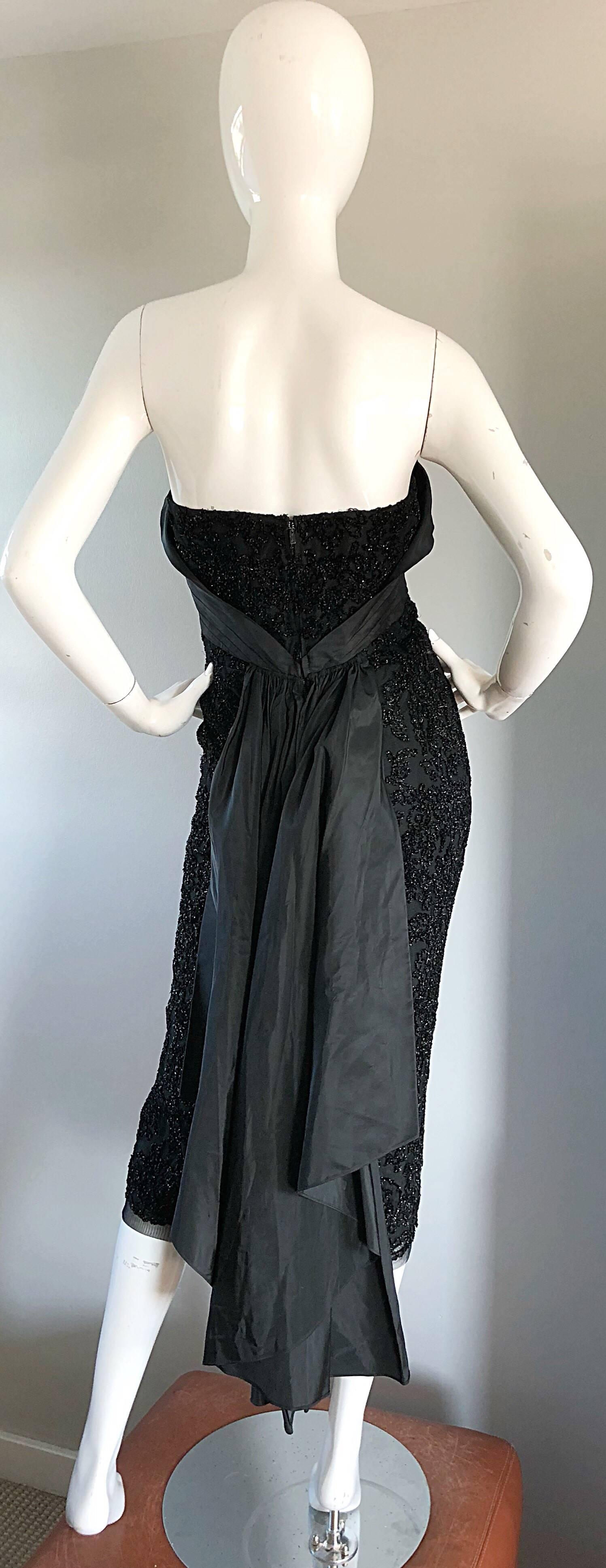 Gorgeous 1950s Couture Black Silk Metallic Strapless 50s Wiggle Dress w/ Train 2
