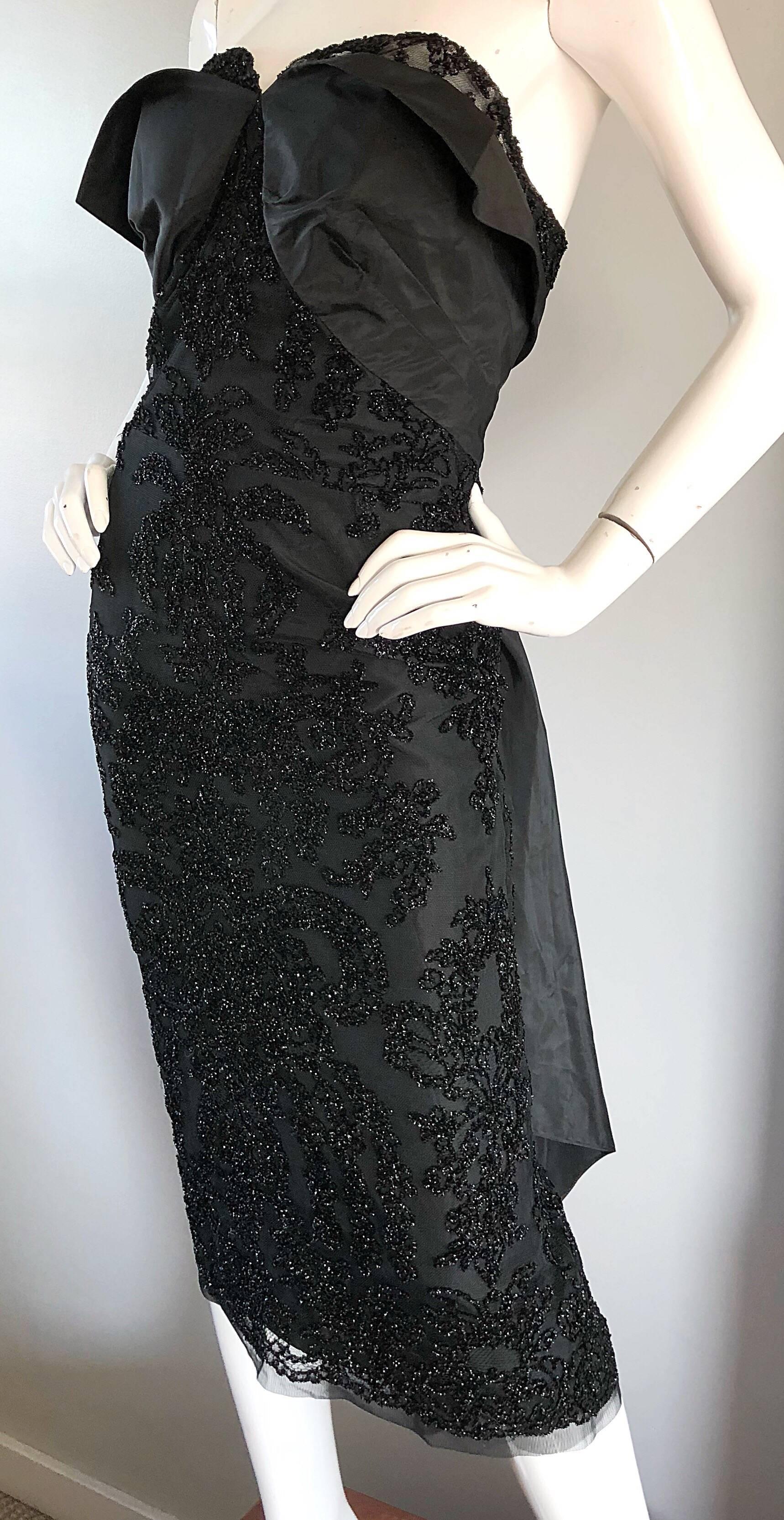 Gorgeous 1950s Couture Black Silk Metallic Strapless 50s Wiggle Dress w/ Train 4