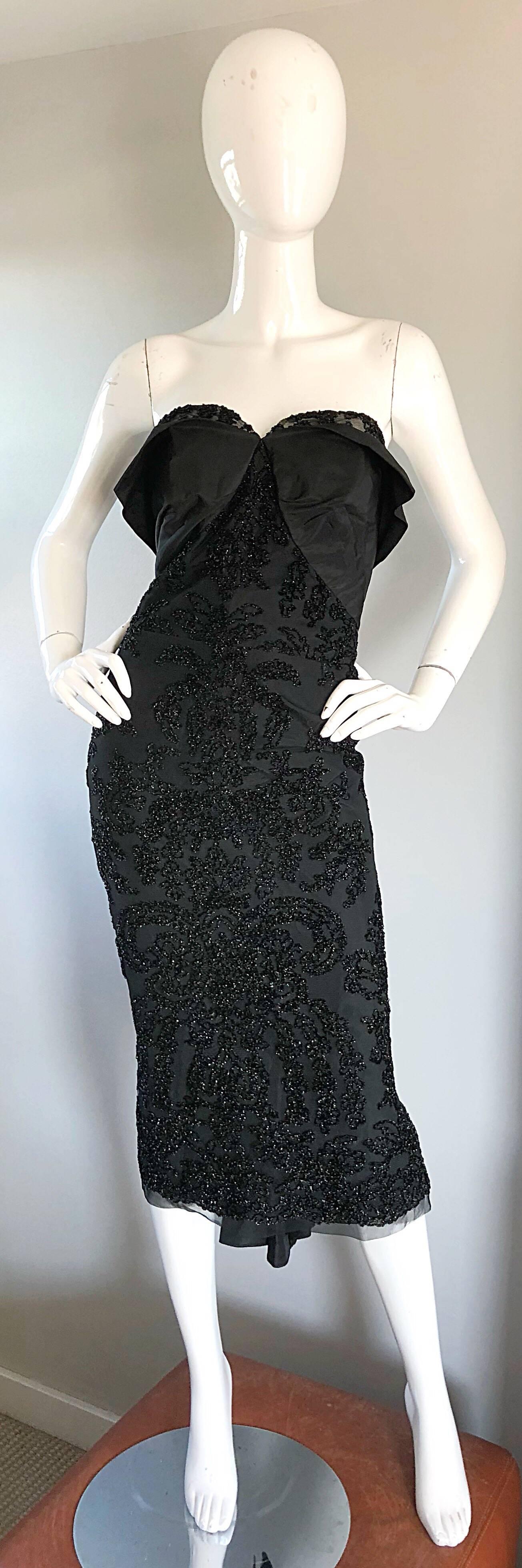 Gorgeous 1950s Couture Black Silk Metallic Strapless 50s Wiggle Dress w/ Train 5