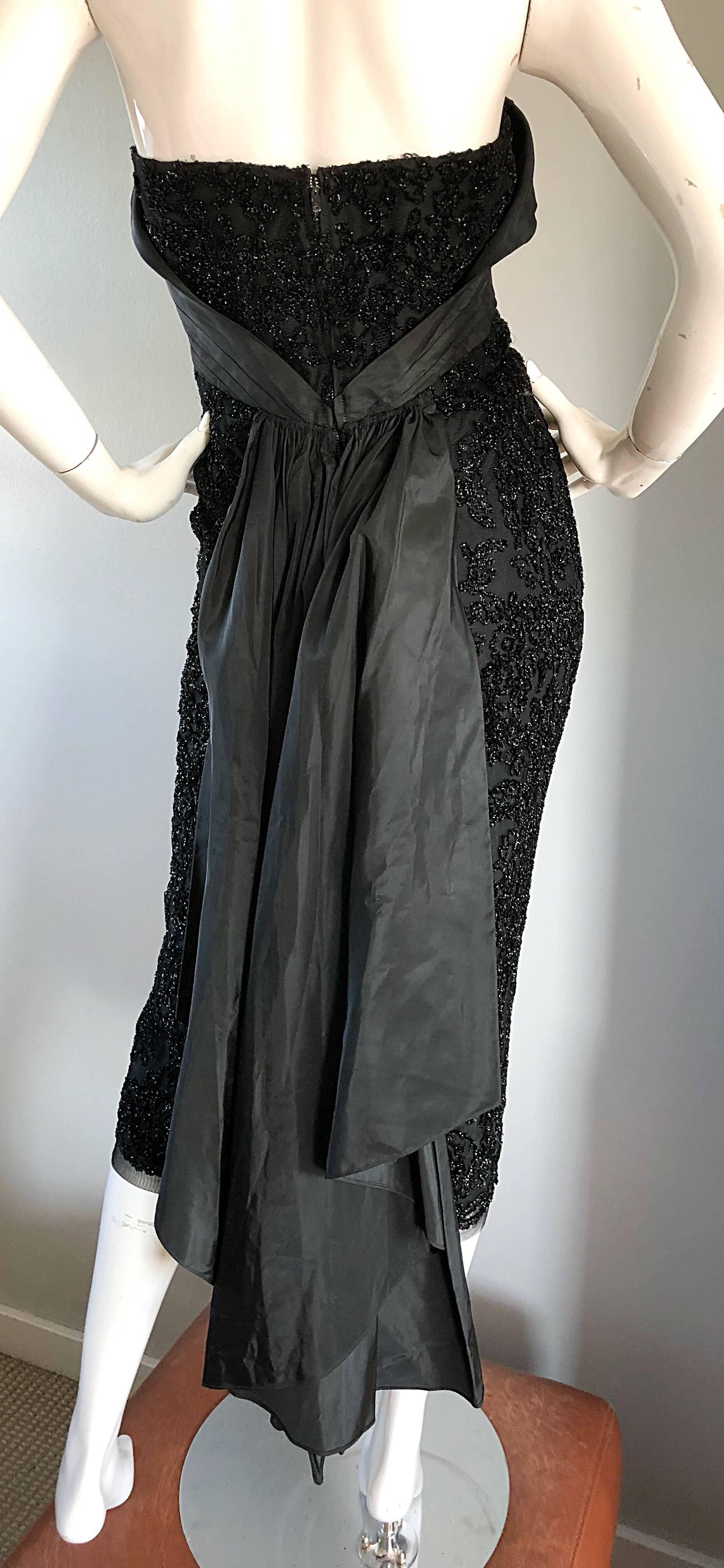 Gorgeous 1950s Couture Black Silk Metallic Strapless 50s Wiggle Dress w/ Train 6