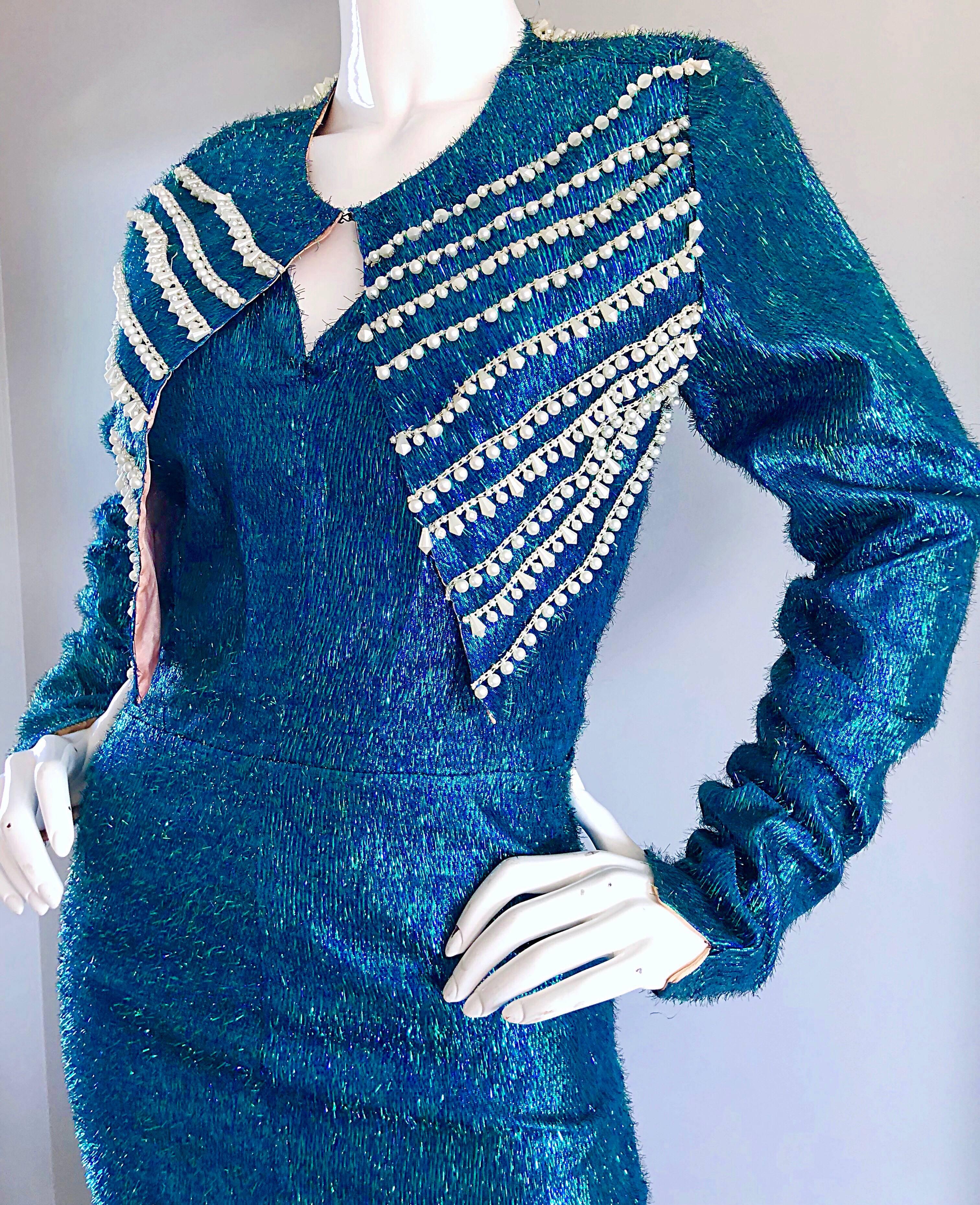 1950er Jahre Cerulean Blau Seide Lurex Showgirl Meerjungfrau Kleid + Bolero Perlen Jacke Set  im Zustand „Hervorragend“ im Angebot in San Diego, CA