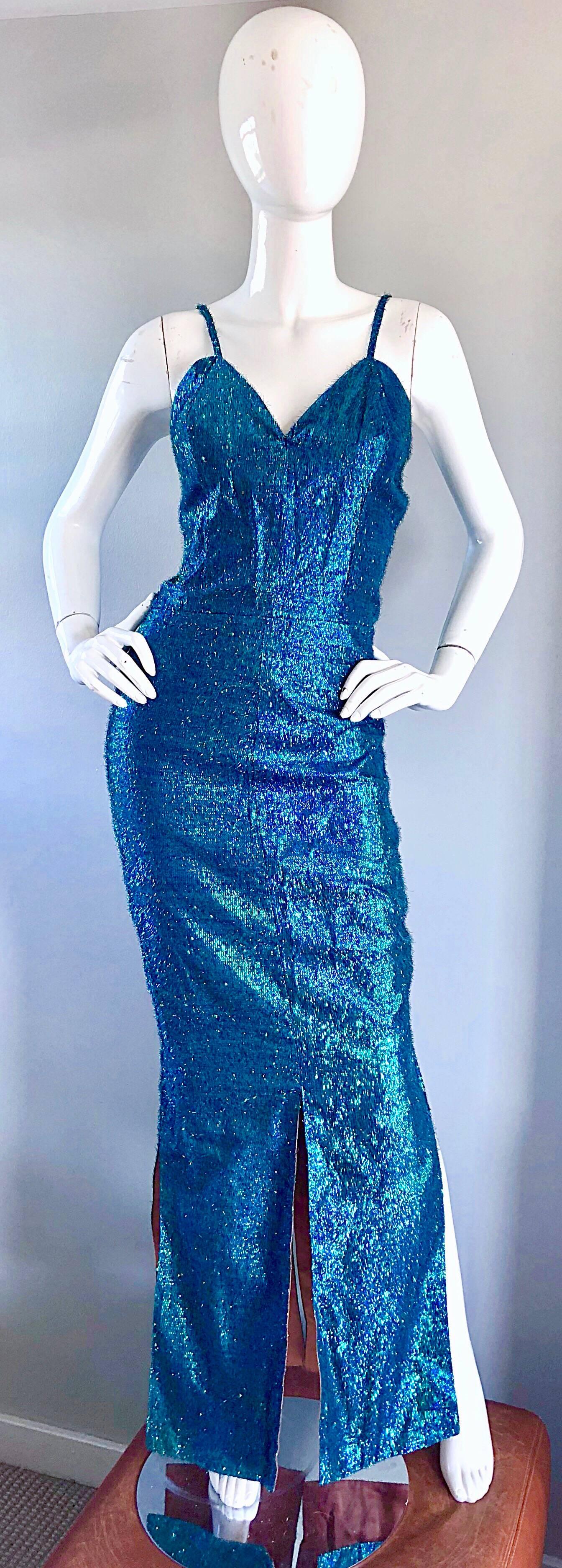 1950er Jahre Cerulean Blau Seide Lurex Showgirl Meerjungfrau Kleid + Bolero Perlen Jacke Set  Damen im Angebot