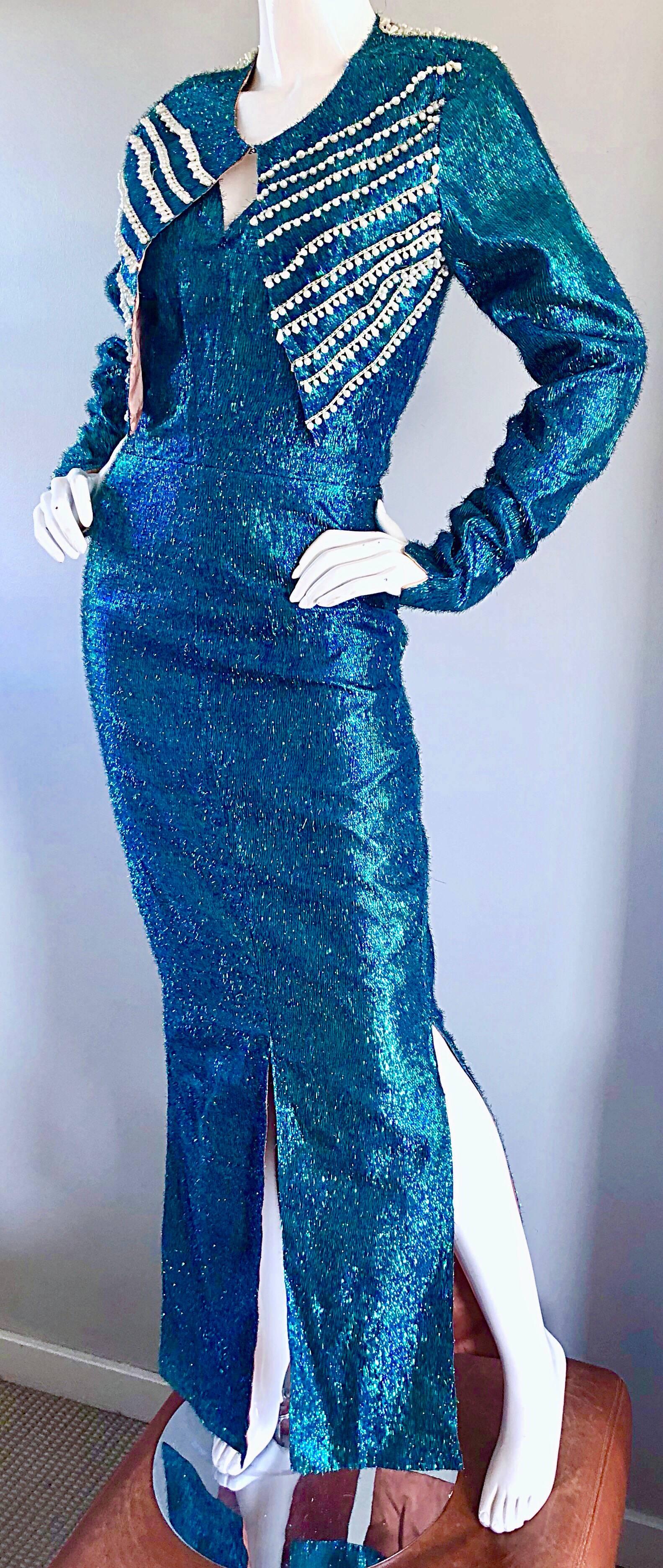 Women's 1950s Cerulean Blue Silk Lurex Showgirl Mermaid Gown + Bolero Beaded Jacket Set  For Sale