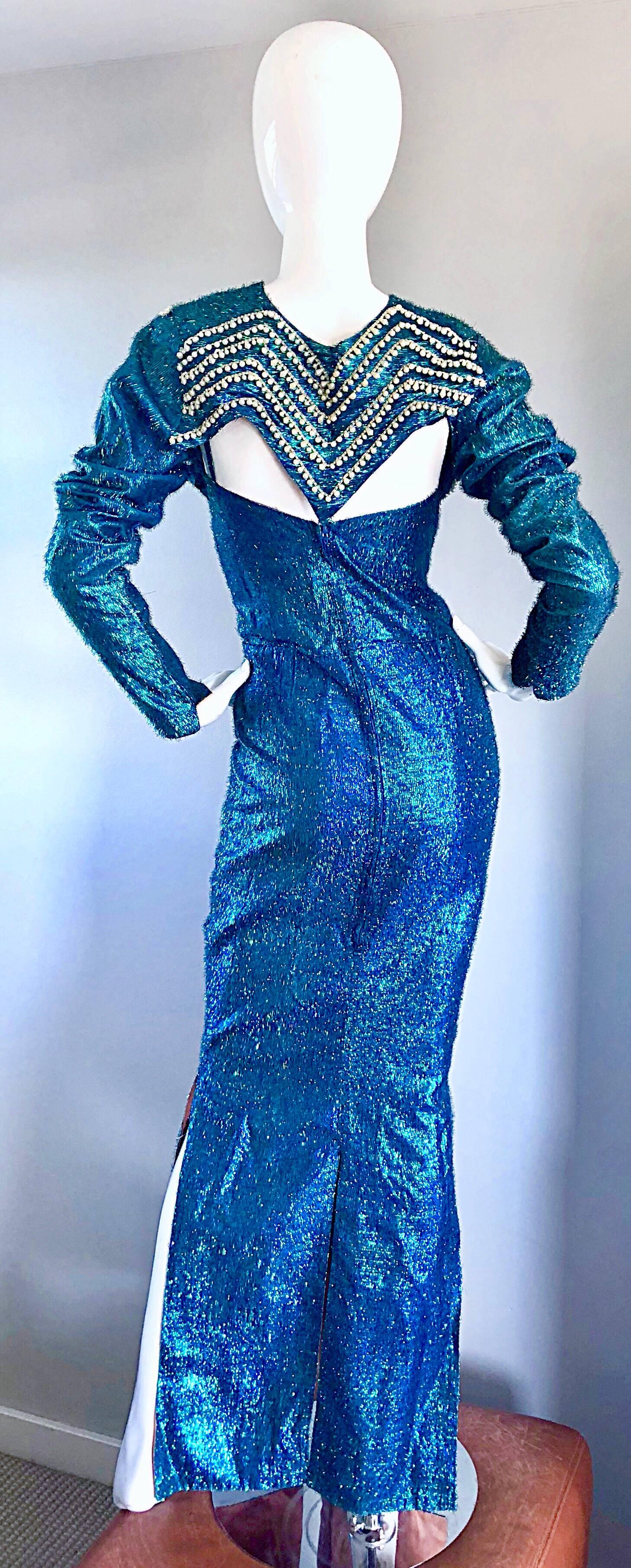Ensemble robe sirène et veste boléro perlée en lurex de soie bleu céruléen des années 1950  en vente 4