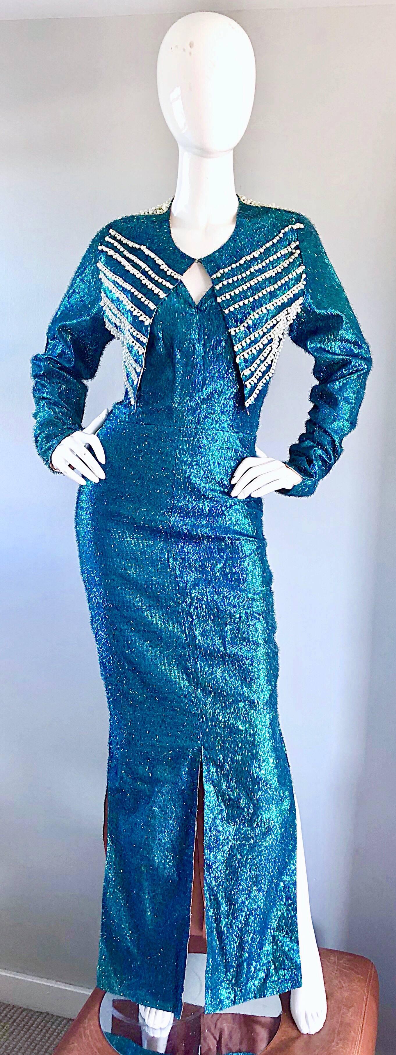 1950s Cerulean Blue Silk Lurex Showgirl Mermaid Gown + Bolero Beaded Jacket Set  For Sale 3