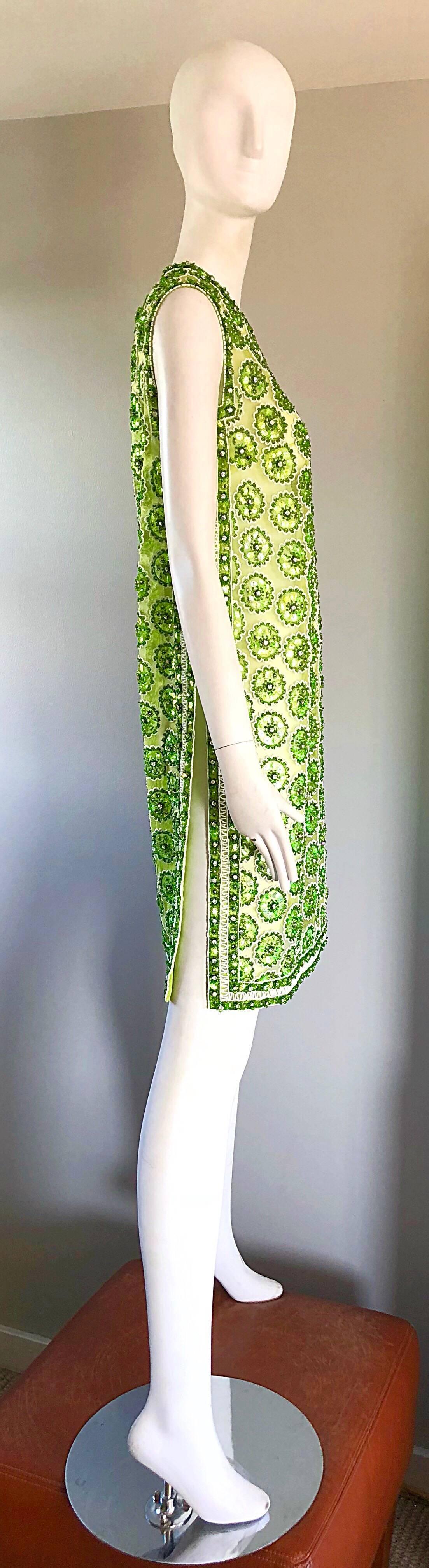 1960s Lime Green Heavily Sequin Beaded Demi Couture Mesh 60s Vintage Tunic Dress In Excellent Condition In San Diego, CA