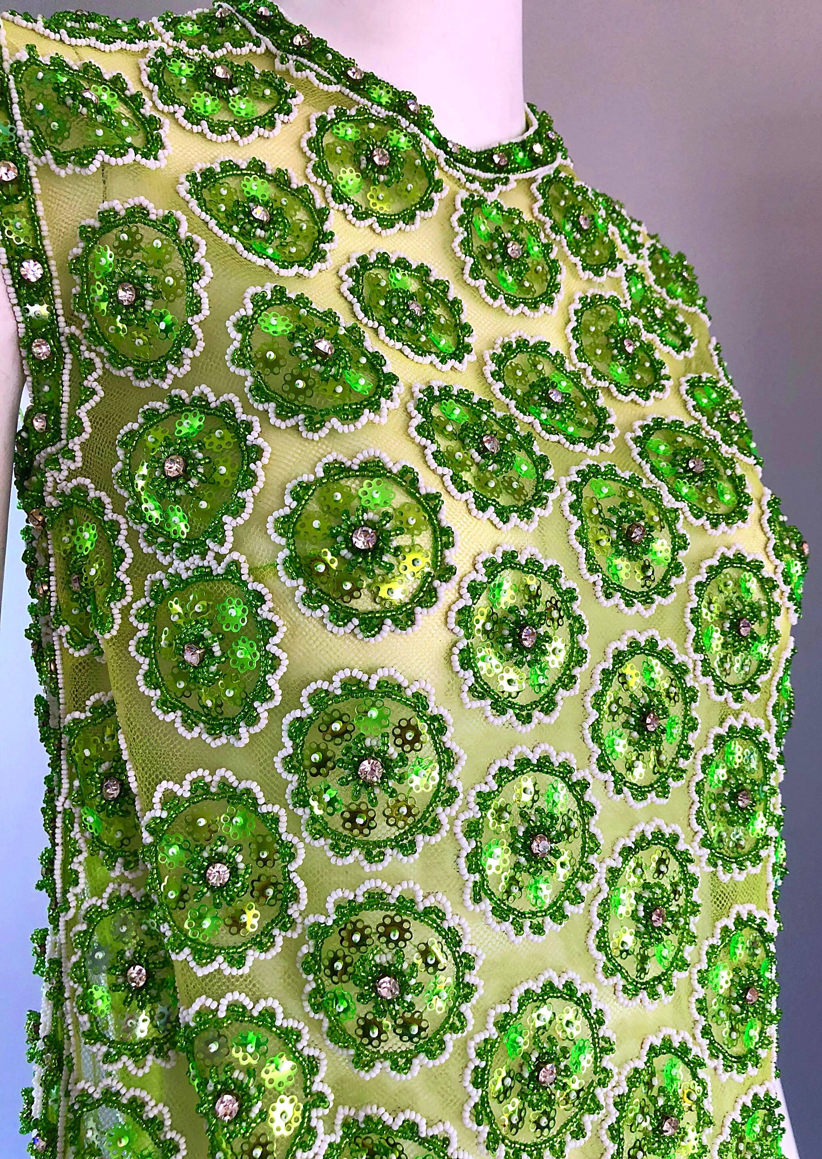 Women's 1960s Lime Green Heavily Sequin Beaded Demi Couture Mesh 60s Vintage Tunic Dress