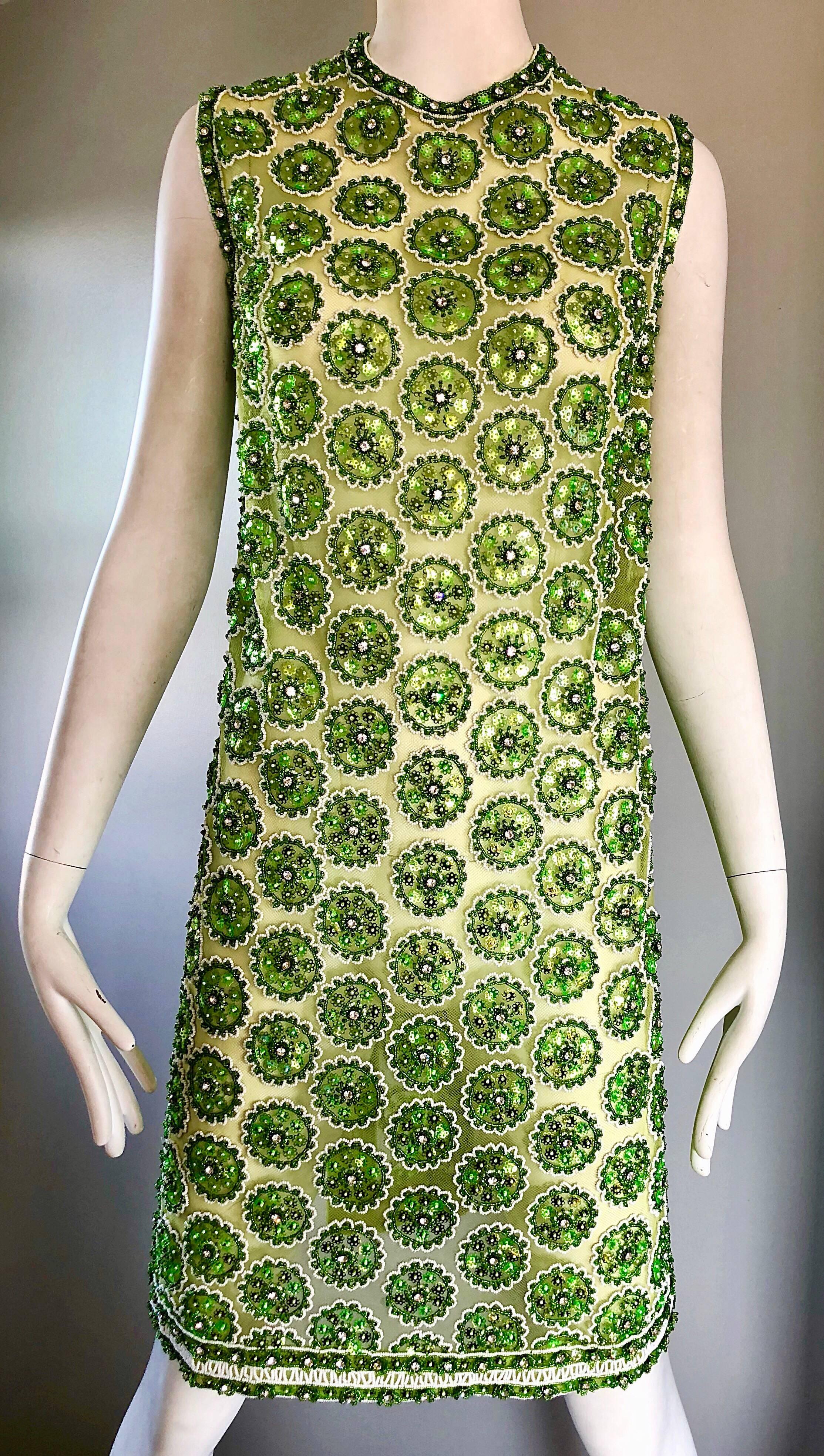 1960s Lime Green Heavily Sequin Beaded Demi Couture Mesh 60s Vintage Tunic Dress 1