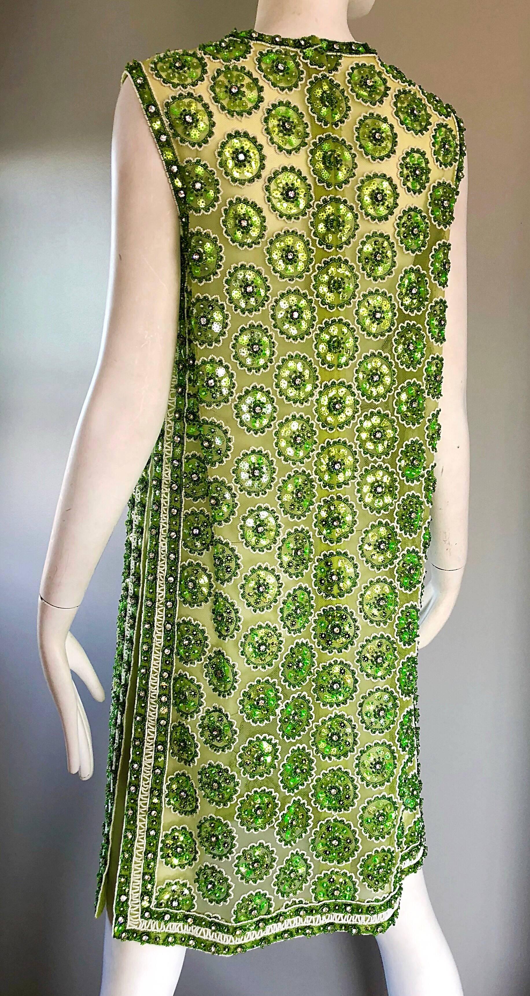 1960s Lime Green Heavily Sequin Beaded Demi Couture Mesh 60s Vintage Tunic Dress 2