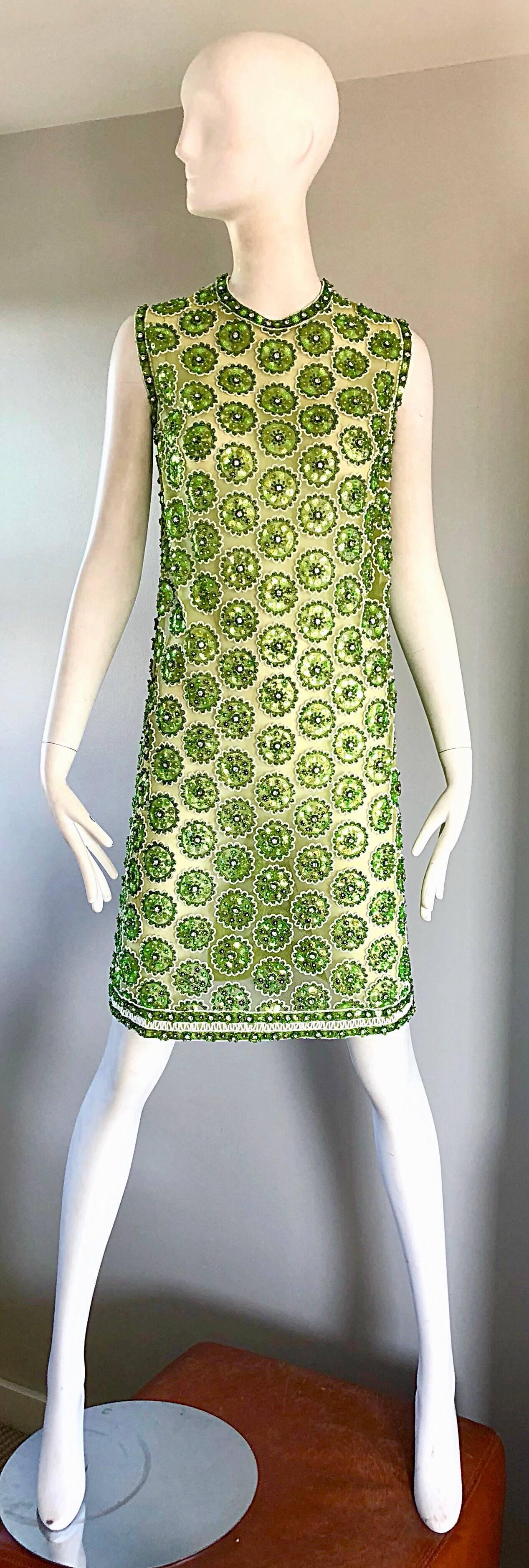 1960s Lime Green Heavily Sequin Beaded Demi Couture Mesh 60s Vintage Tunic Dress 3